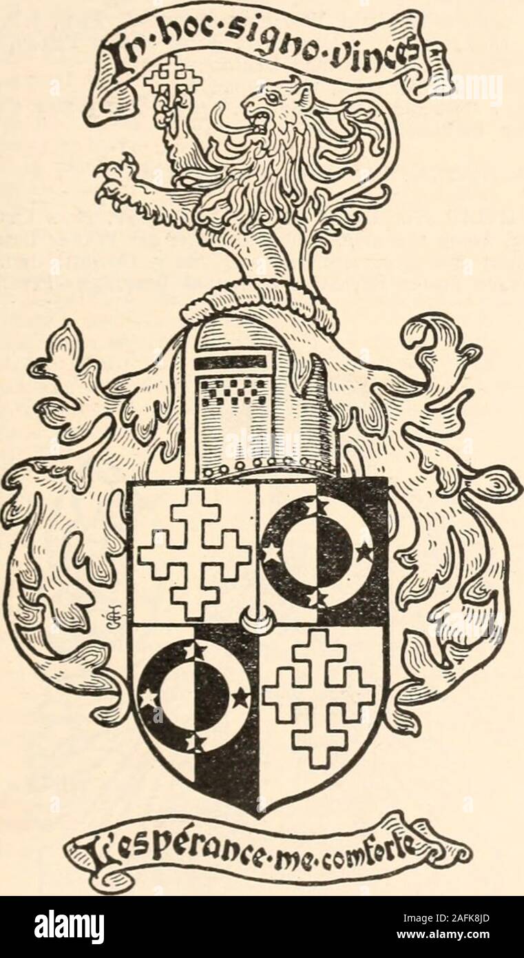 . Armorial families : a directory of gentlemen of coat-armour. Gomer Berry, ist Bart. (1928), b. 1883; m. 1907, Mary Lilian (d. 1928), d. of Horace G. Holmes, Esq., J.P. Res. — Farnham Chase, Famham Royal, Bucks. ; Chandos House, W. BERRY (H. Coll.). Or, on a fesse azure three fleurs-de-lys of the field, in chief two roses in saltire proper.Mantling azure and or. Crest—On a wreath of the colours,between two wings azure, an eagles head or, holding inthe beak a sword in bend proper. Motto— Per ardua.Son of Berry, of , b, ; m. :— Trevor Thornton Berry, Lieut. Somerset L.L, b.Res.— BERRY (rematric Stock Photo