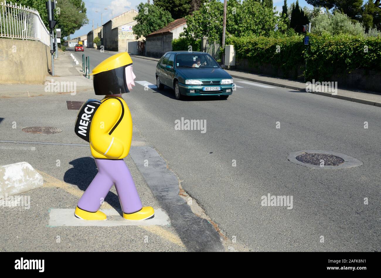 Pedestrian Crossing, Crosswalk, or Zebra Crossing using Models of Schoolchildren as Warning to Motorists Provence France Stock Photo