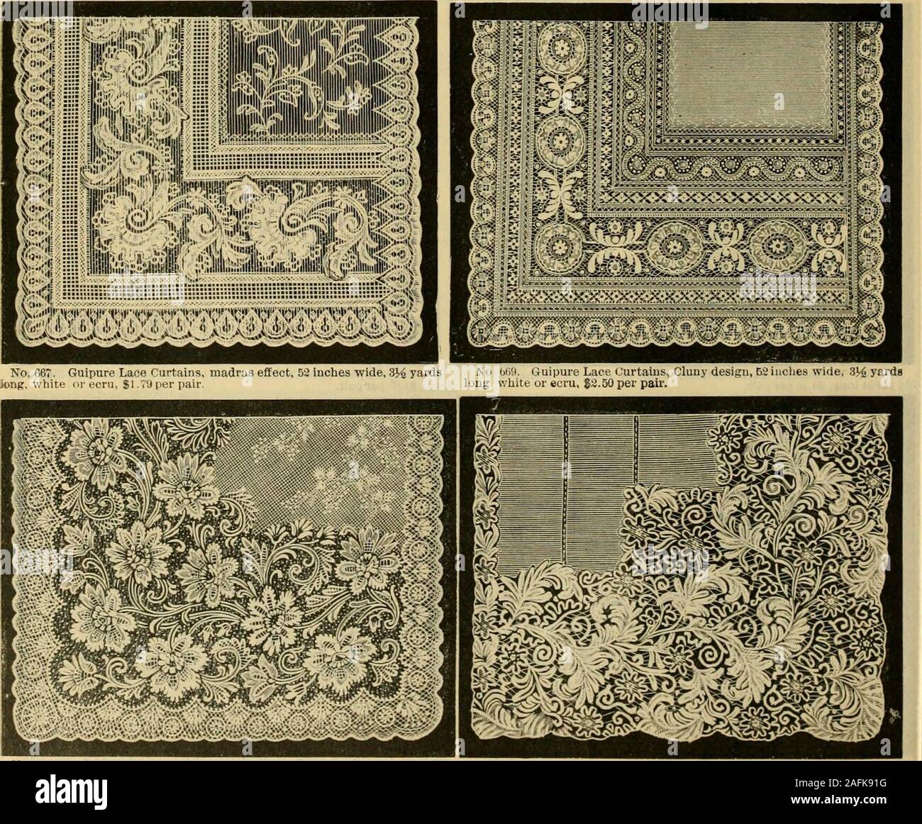 . Fall and Winter, 1890-91 Fashion Catalogue / H. O'Neill and Co.. No. 663. Guipure Lace Curtains white or ecru, 51 inches wide, 3hi yardsjQUg, $1.98 per pair. .* .. iju ?- i..di(&gt;uie Lace t urtaiii^, wliite ur ecru, 58iuclies viue, r^L^ yardsluug. S1.8U per pair. mm ???3V. MM !i.;i:!:S-&gt;i Sijliis^s^^^ mmMm. No. 671 Giiiiiure Lace Curtains, white or ecru, 00 inches wide, 3H yardslong, $3.85 per pair. Nil 073. E.^tra Heavy Guipure Lace Curtains, white or ecru, 00 iuclieiwide, 3!^ yards long, S3.2o per pair, 4 yards long, $3 85 per pair. II SIXTH AVENUE, 20th TO 2 1st STREET, NEW YORK. 7 Stock Photo