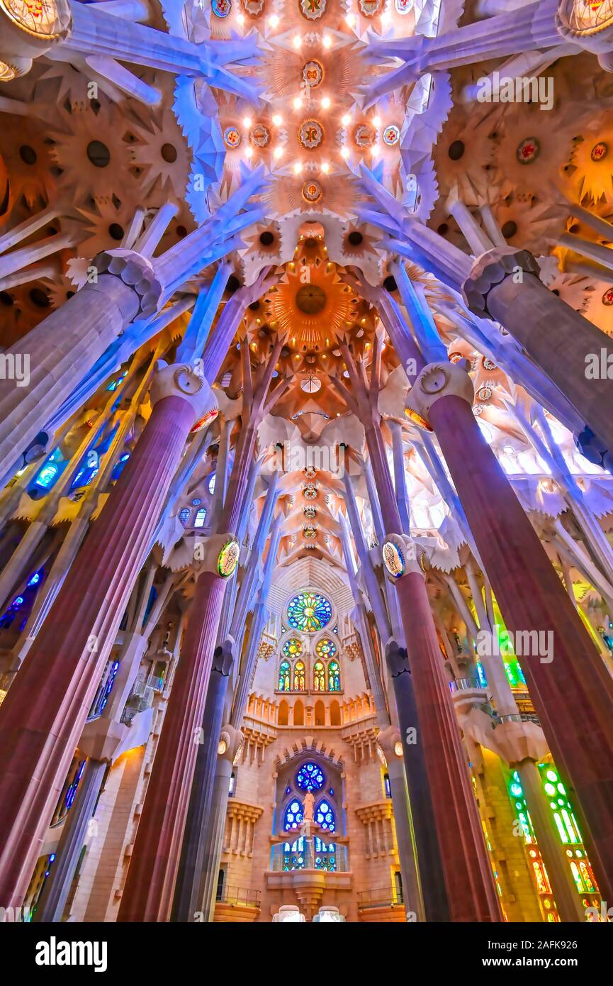 Barcelona, Spain - June 15, 2019 - The interior of the main chapel of ...
