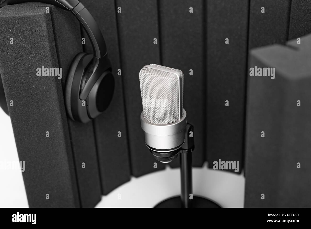 Professional microphone and a studio microphone screen for recording in the studio and Broadcast. Stock Photo
