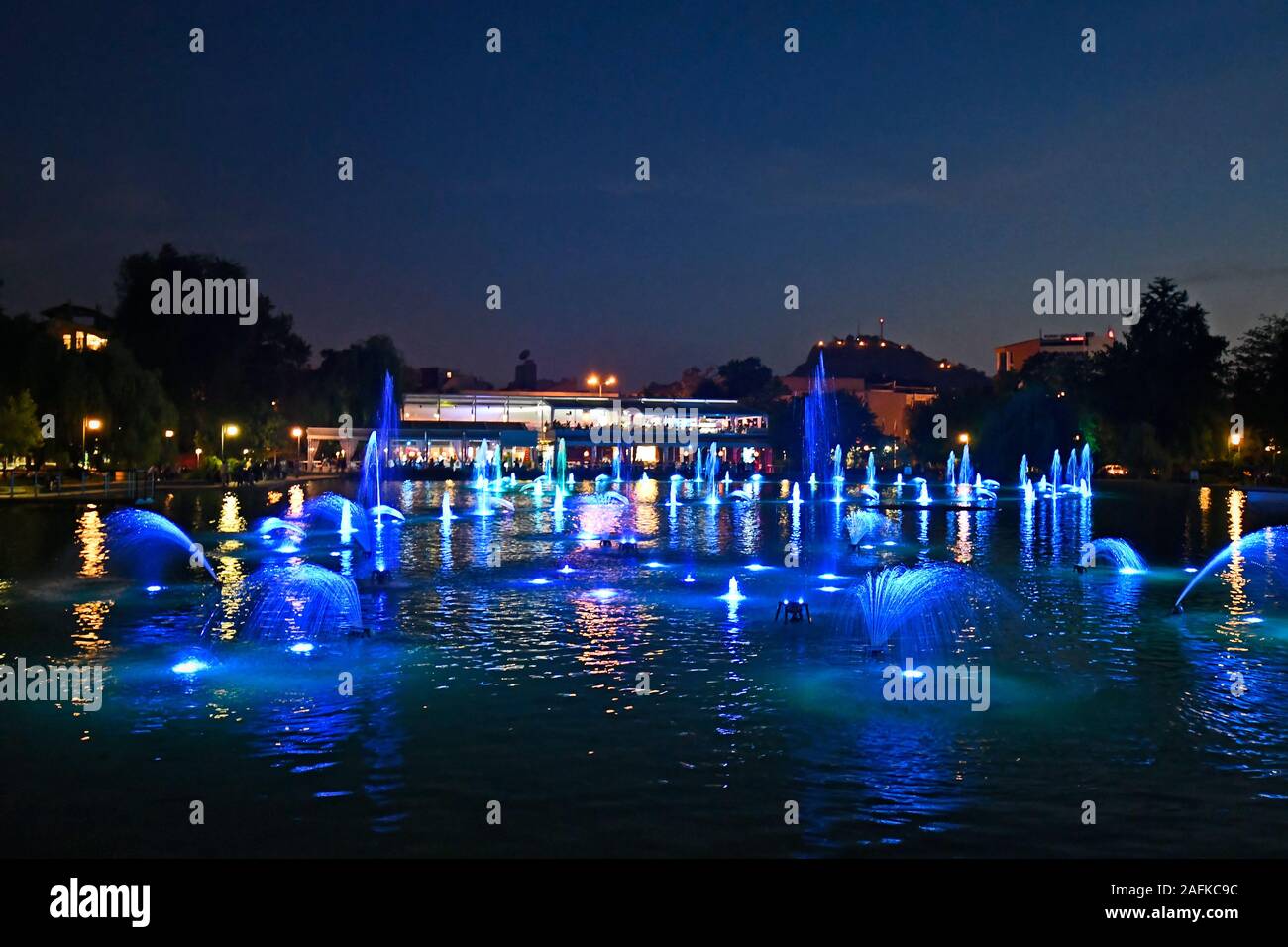 Bulgaria, Plovdiv, illuminated fountains in lake of Tsar Simeons Garden, city become European Capital of Culture 2019 Stock Photo