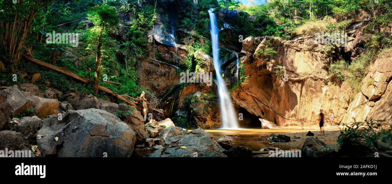 Panoramic beautiful deep forest waterfall in Thailand Stock Photo