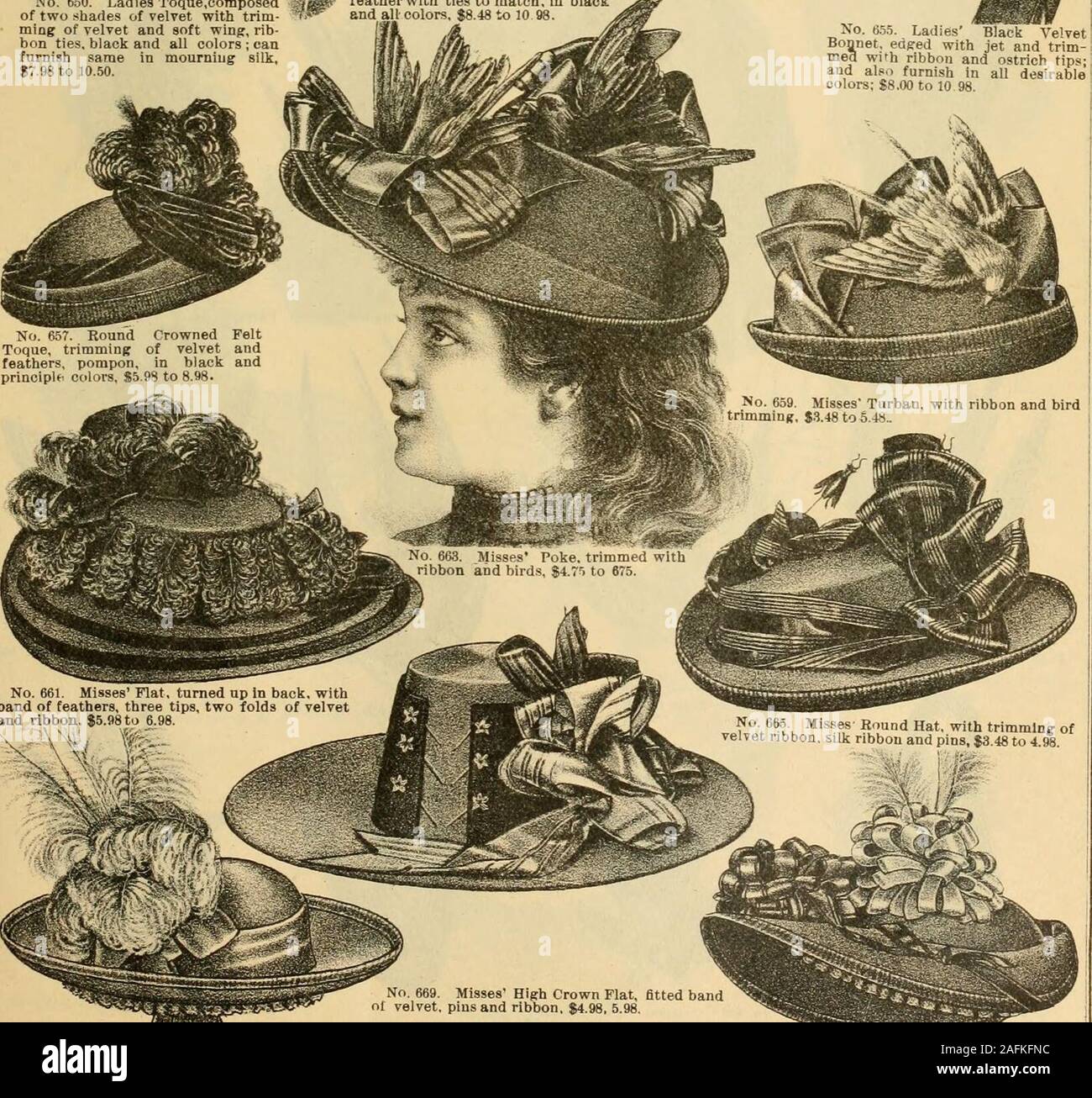 . Fall and Winter, 1890-91 Fashion Catalogue / H. O'Neill and Co.. No. 657. Round Crowned FeltToque, trimming of velvet andfeathers, pompon, in black andprinciple colors, S5.98 to 8.98. No, 661 Misses Flat, turned up in back, withband of feathers, three tips, two folds of velvetand ribbon, $5.98 to 6. No 665. Misses Round Hat with trimming ofvelvet ribbon sUk ribbon and pins, $&lt;J 48 to i.r w No. 669. Misses High Crown Flat, fitted bandof velvet, pins and ribbon, $4.98, 5. * No. 667. White Felt Baby Turban, with featherpompon, aigrettes and ruche and ribbon strings,$3 98 to 4 98. Stock Photo