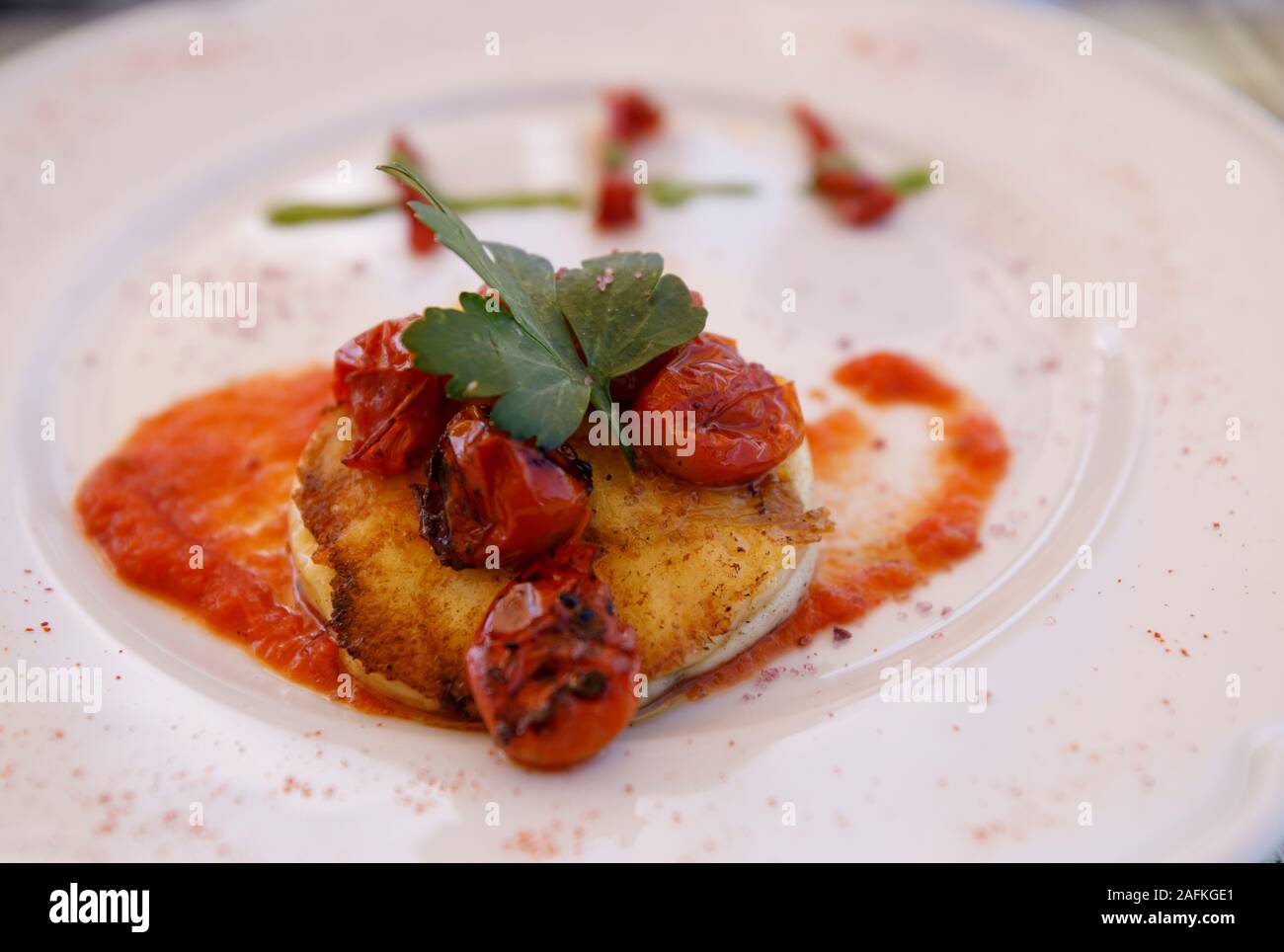 A first course of provoleta with tomatoes is served during a lunch at Maris Resto at Roberto Bonfanti in Lujan de Cuyo, Argentina. Stock Photo