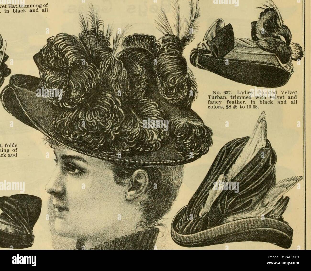. Fall and Winter, 1890-91 Fashion Catalogue / H. O'Neill and Co.. No. 639. LadiesVelvet Toque, siift front and :iBl3H^^^H^^^^HP No. 643. LadiesPelt Walking Hat.plaln velvet back trimming of velvet and fancy wing, in black ; J^HS^H^^^I^^^HK^ 1?°,* ^^ stylish trimming of velvet and wings, and all colors, $8.98 to 12.48. J^BWBB^^^lBHiBi^Bk^ black and all colors, $4.98 to 7.48. No. 641 LadiesLarge Felt Hat. plain facing of velvettrimmed.with nine tips and aigrette, with folds of velveton opposite side, black and leading colors, $10.98 to 16 00. Stock Photo