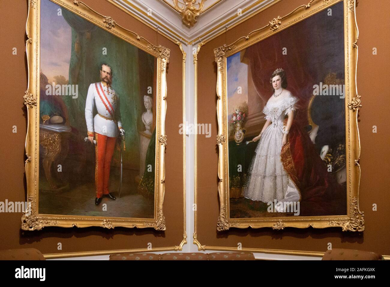 Portraits of Emperor Franz Joseph I, and wife Empress Elisabeth known as 'Sisi'; Schonbrunn Palace interior, Vienna Austria Europe Stock Photo