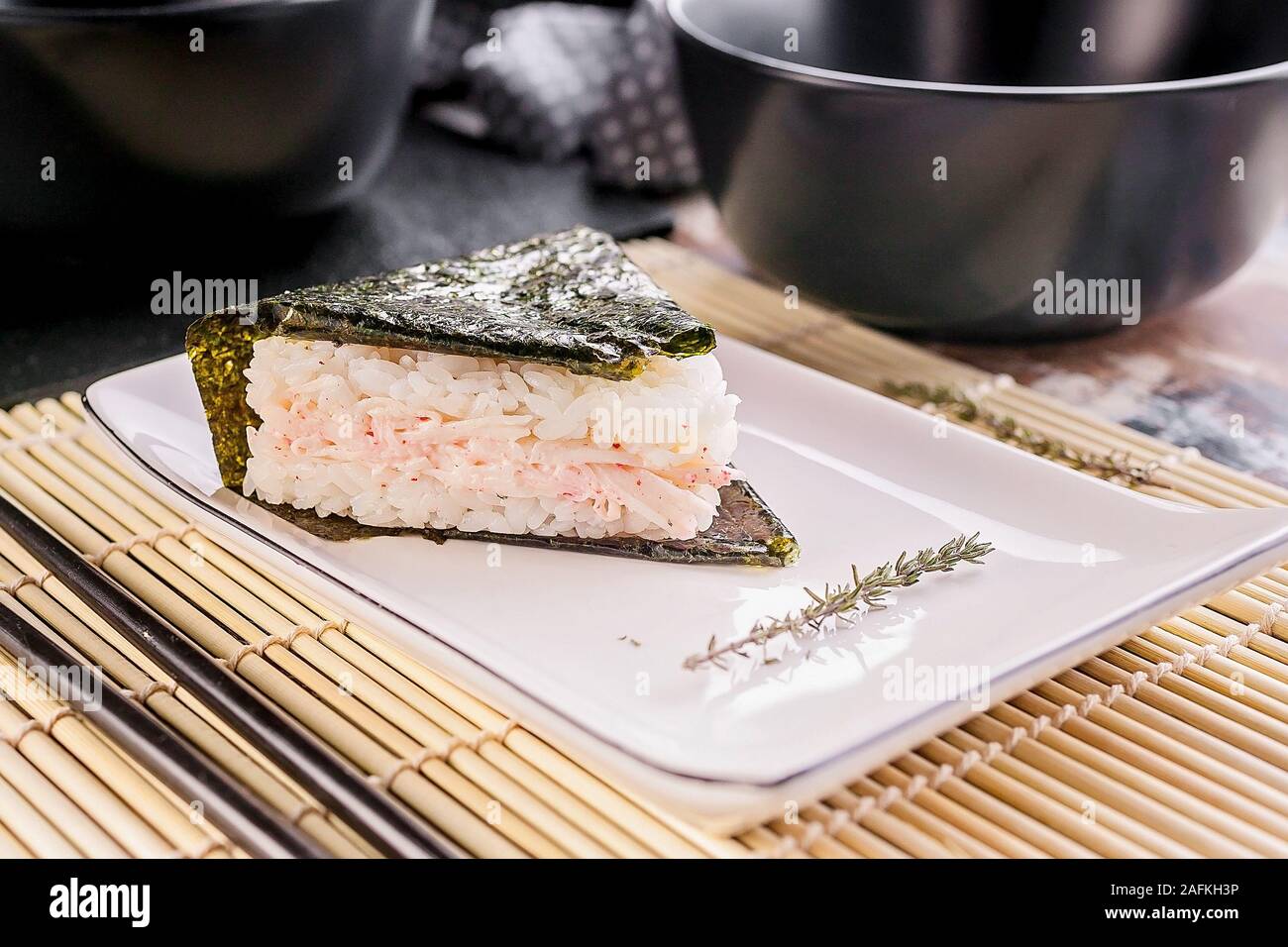 Onigiri with surimi. Japanese national cuisine. Stuffed Rice Balls