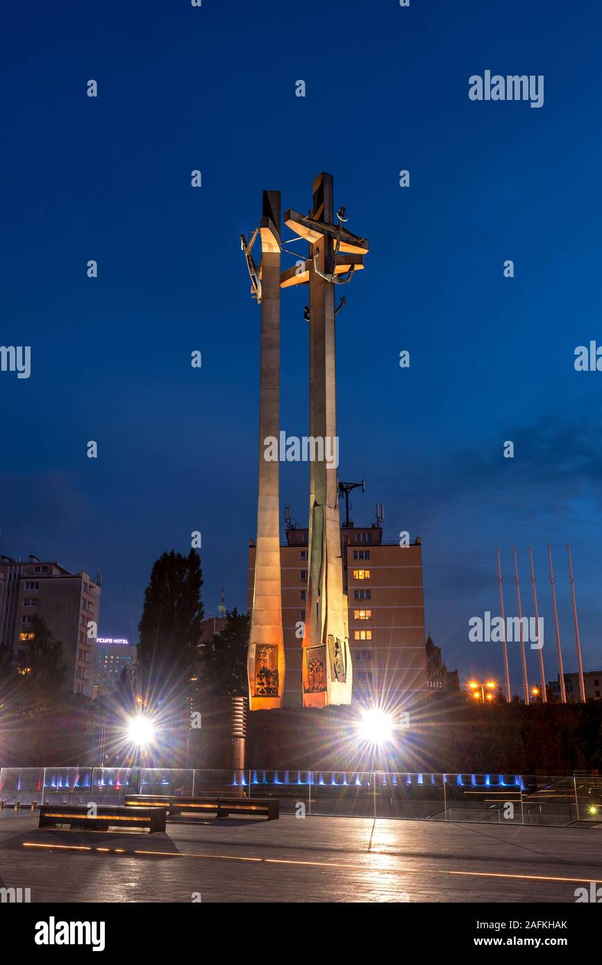 Gdansk, Poland - October 2 , 2016: Three Crosses Monument at the Solidarity Square, commemorating the victims of the strike in Poland in December 1970 Stock Photo