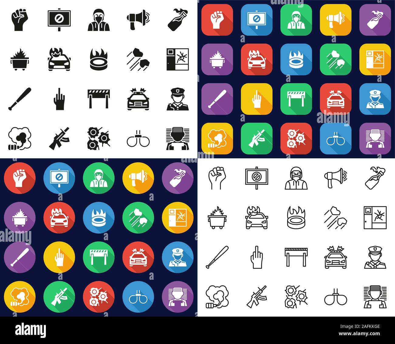 Violent Protest Or Demonstration Icons -Black & White-Color Flat Design ...