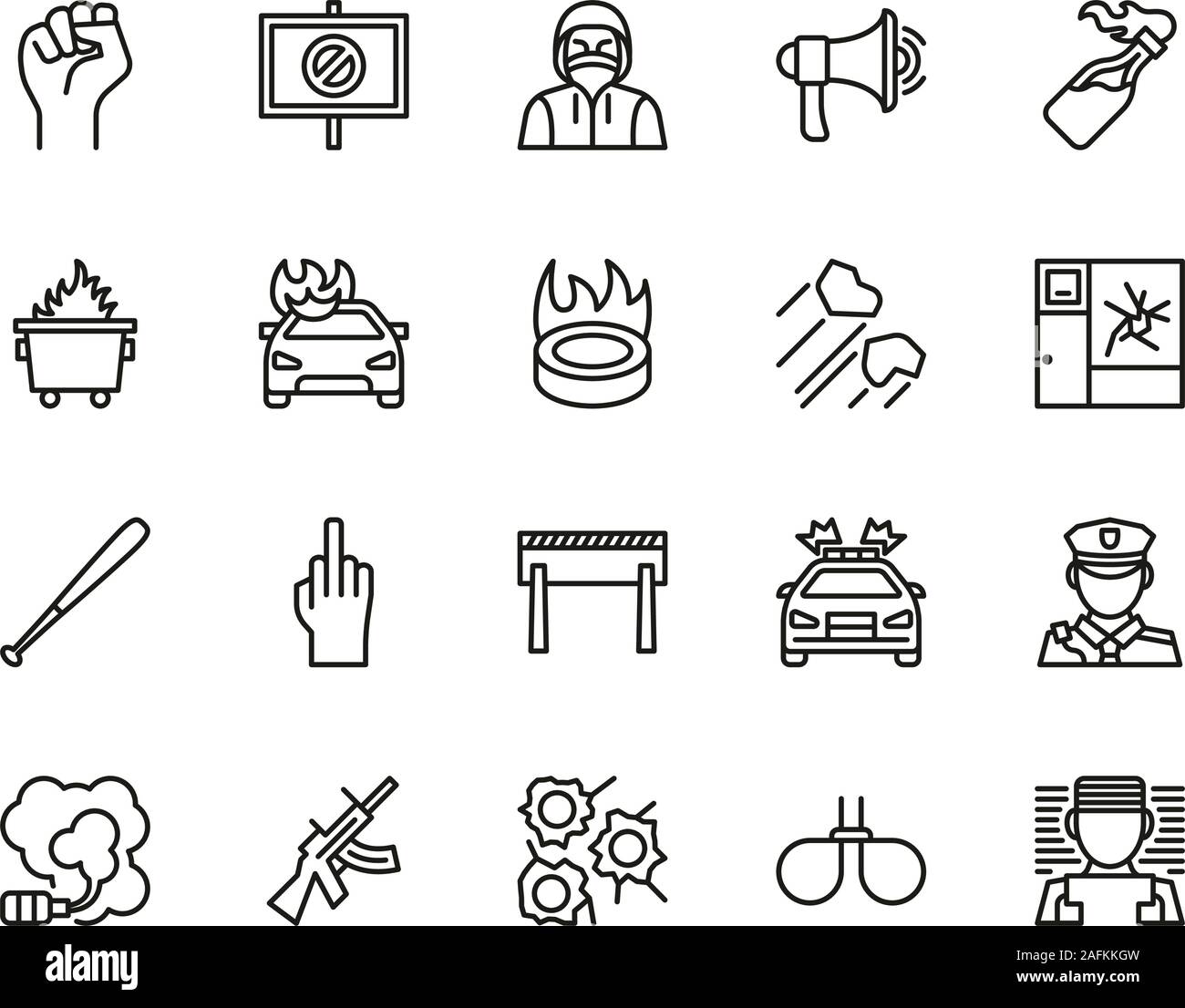 Violent Protest Or Demonstration Icons Thin Line Set Big Stock Vector