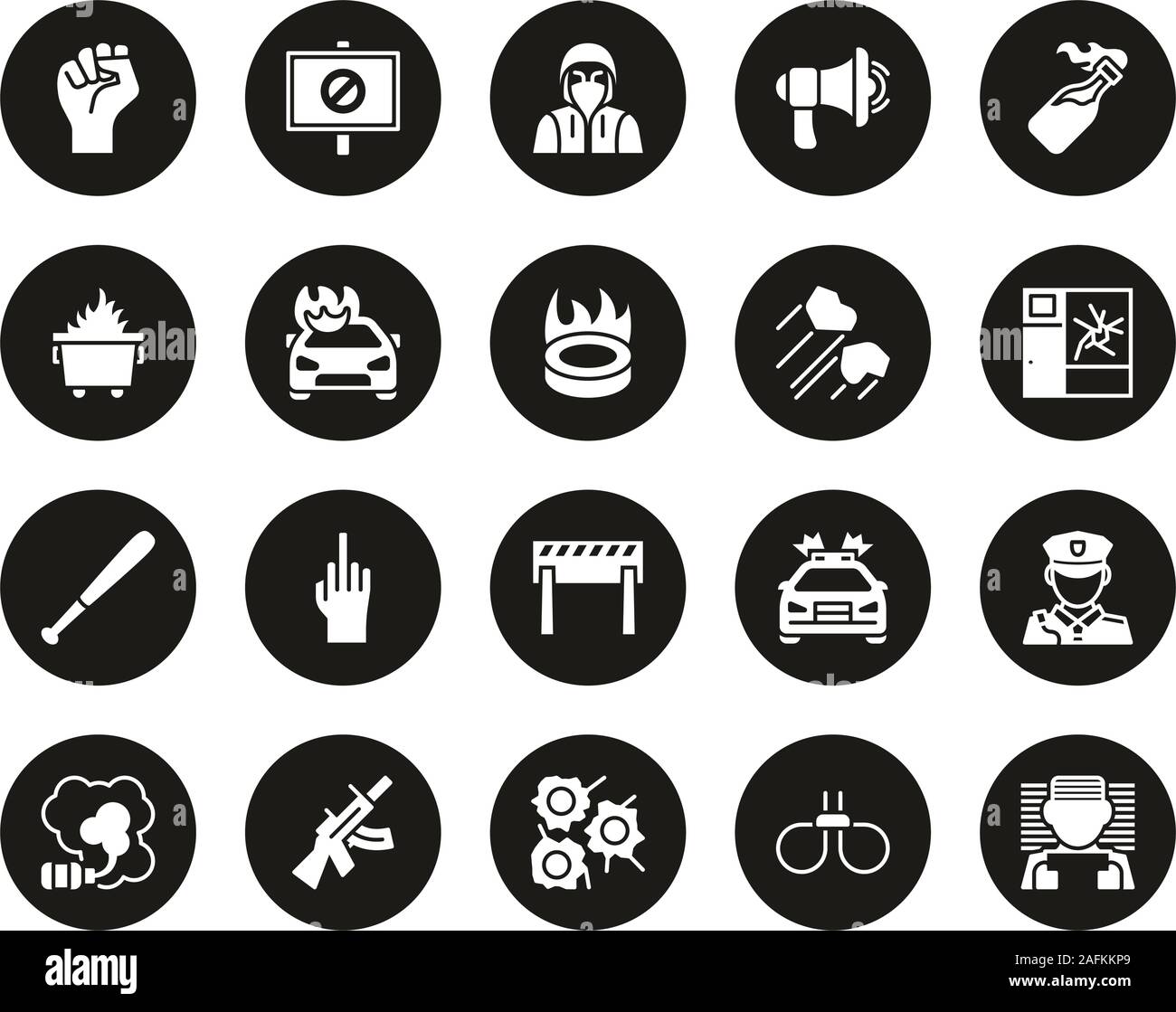 Violent Protest Or Demonstration Icons White On Black Circle Set Big ...