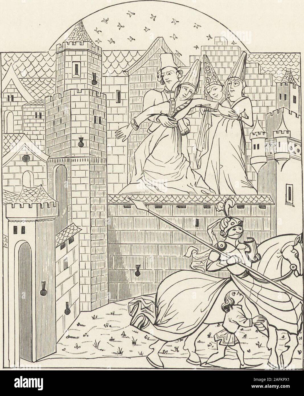 . Military and religious life in the Middle Ages and at the period of the Renaissance. e Count of Artois, who has come from Arras to take part in the tournament atBoulogne, presents himself at the Castle of the Count of Boulogne, and is received by theCountess and her daughter.—Fac-simile of a Miniature in the Livre du tres-chevalereuxComte dArtois et de sa Femme, Barrois Manuscript (Fifteenth Century). duties instilled into each youthful aspirant, it must be owned that theeducation received by the former was one calculated to make them in everyway worthy of such homage. To fit ladies for the Stock Photo