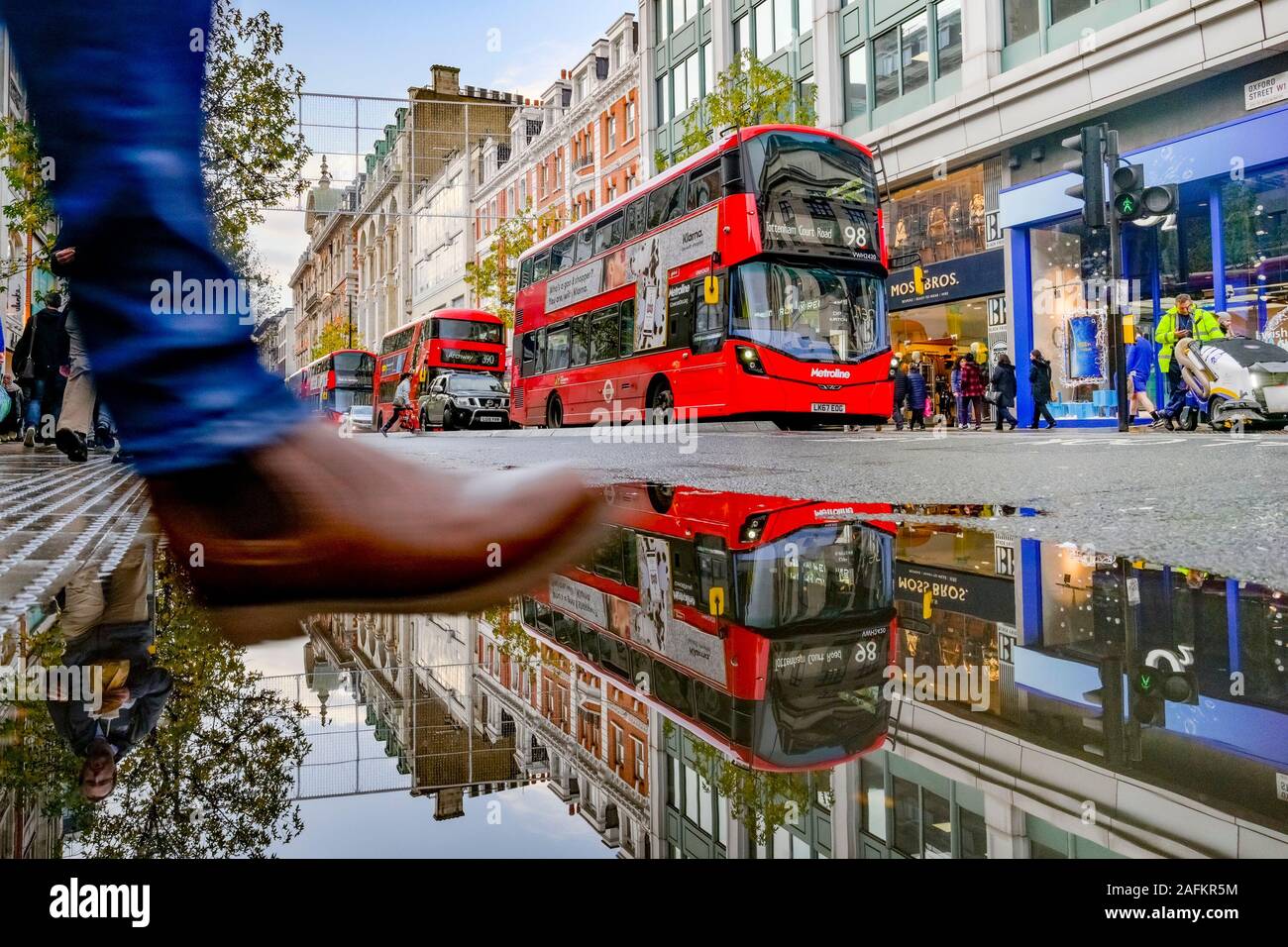 London, UK. Red double decker buses, Oxford Street, London, England, Stock Photo