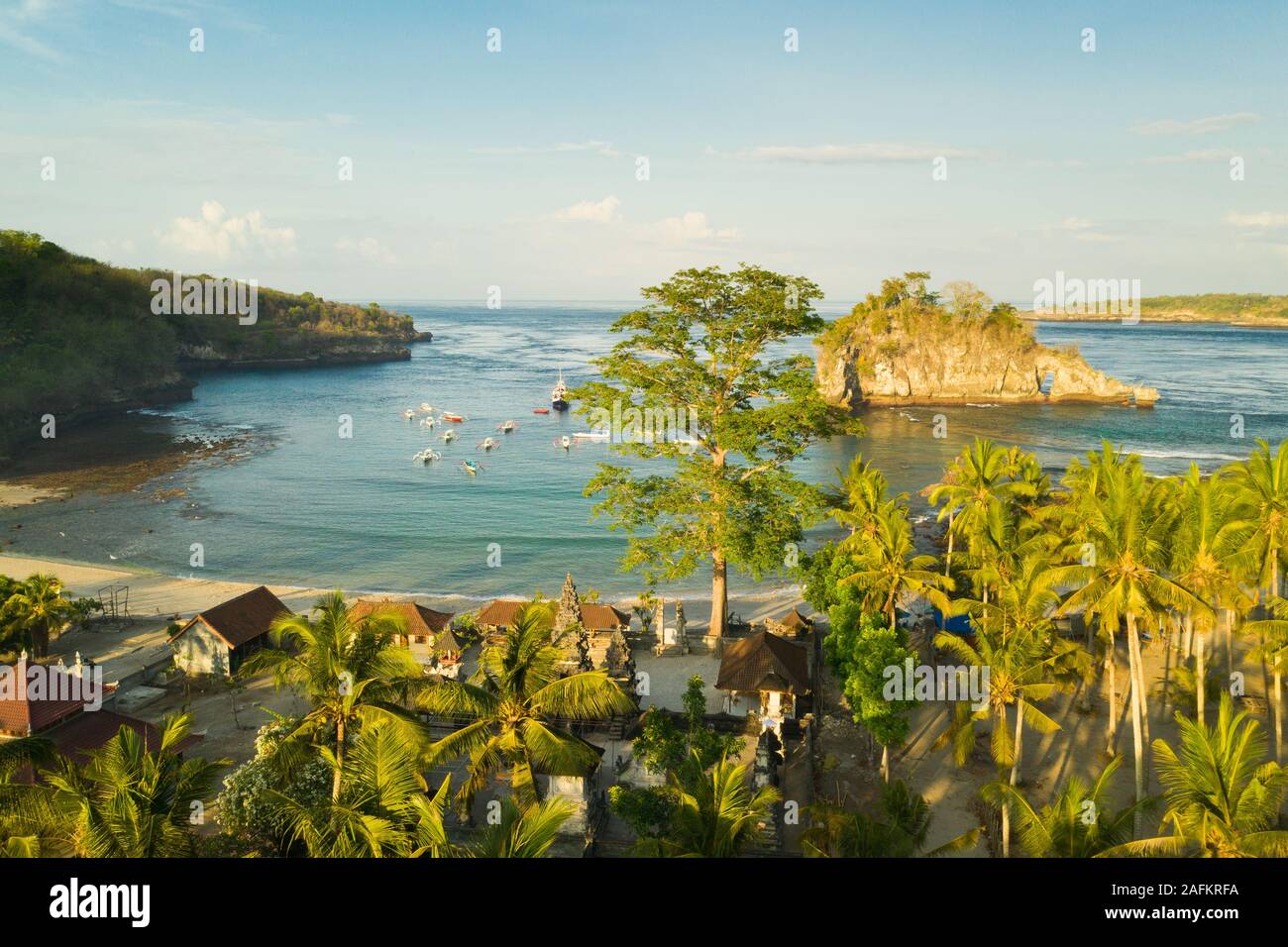 Aerial view, on Crystal bay with scenery fishing boat and crystal clear