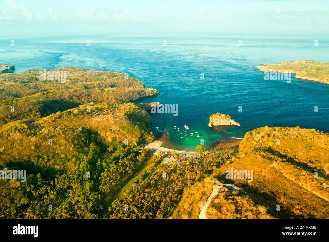 Aerial view of the Crystal bay coastline and beach, Nusa Penida island