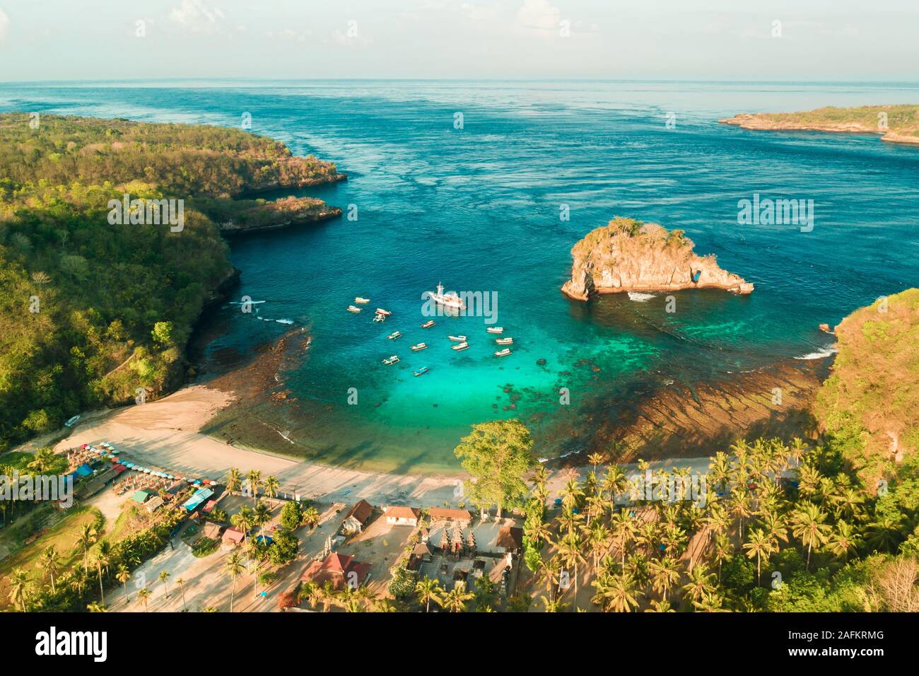 Aerial view of the Crystal bay coastline and beach, Nusa Penida island