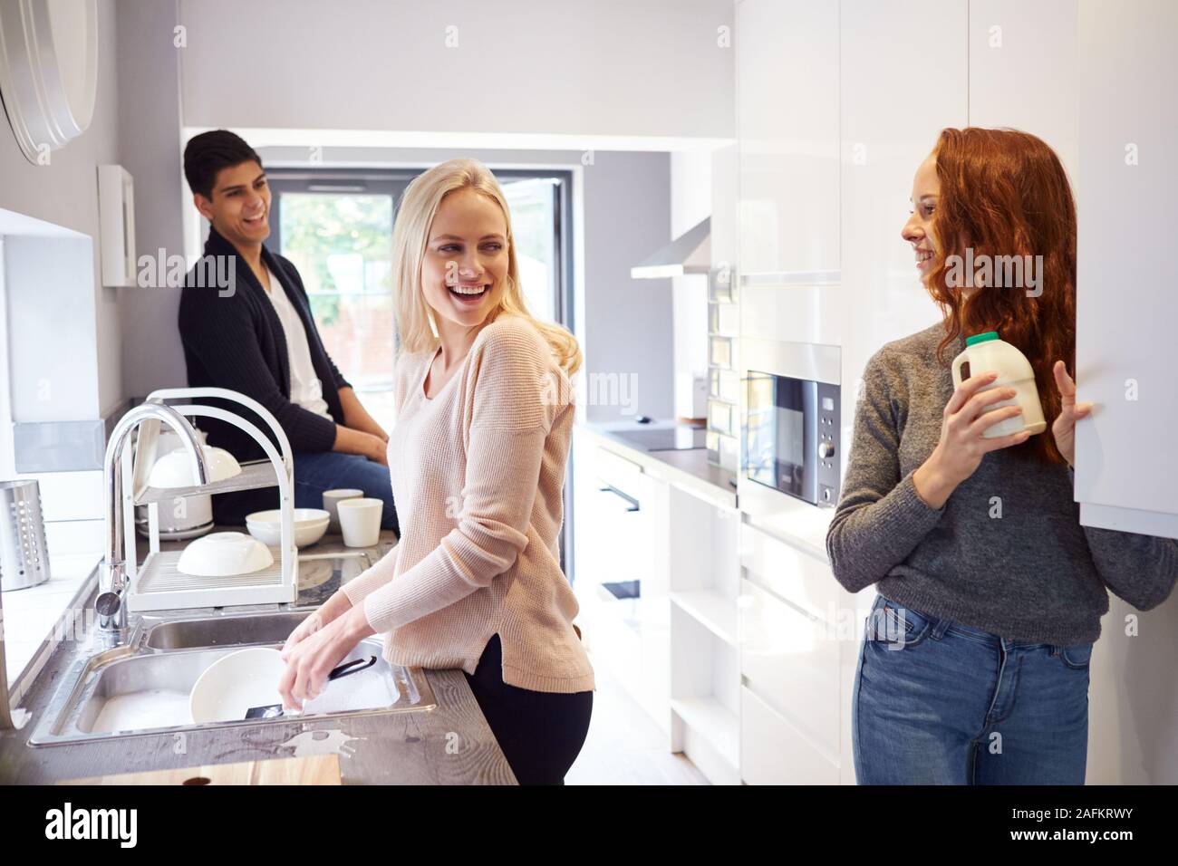 Group Of College Student Friends In Shared House Kitchen Washing Up And Hanging Out Together Stock Photo
