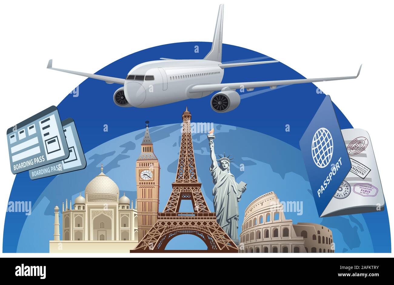 concept illustration of travel around the world by airplane and tickets Stock Vector