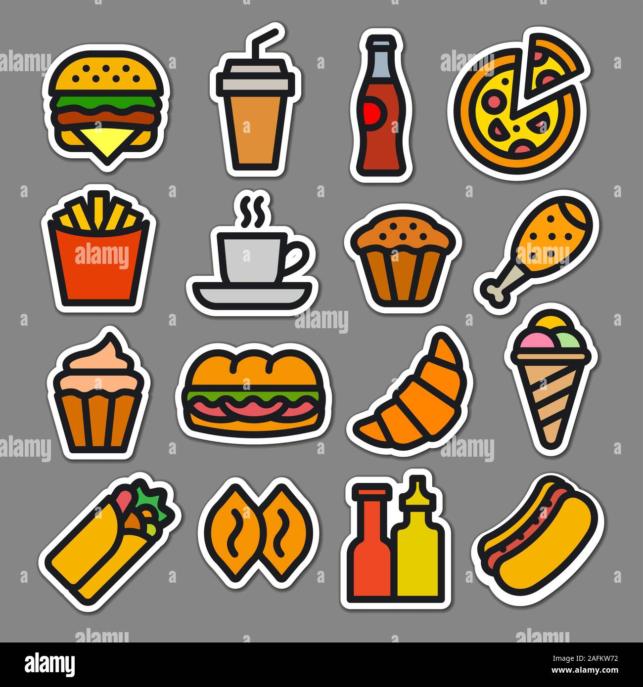 illustration of set fast food stickers and badges Stock Vector ...