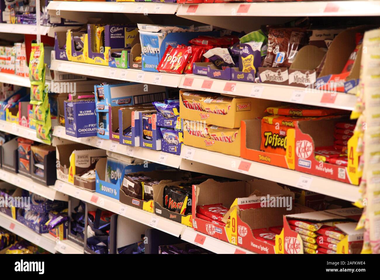 Sainsburys supermarket chocolate bars in snacks aisle, December 2019