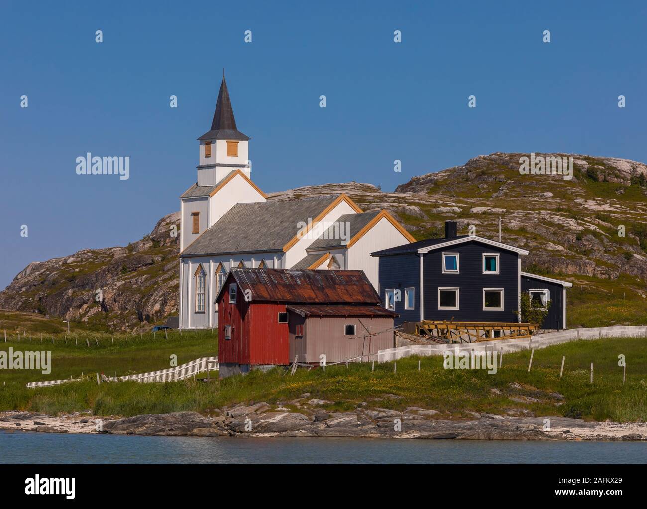 HILLESØY, TROMS COUNTY, NORWAY - Hillesøy Church in northern Norway. Stock Photo