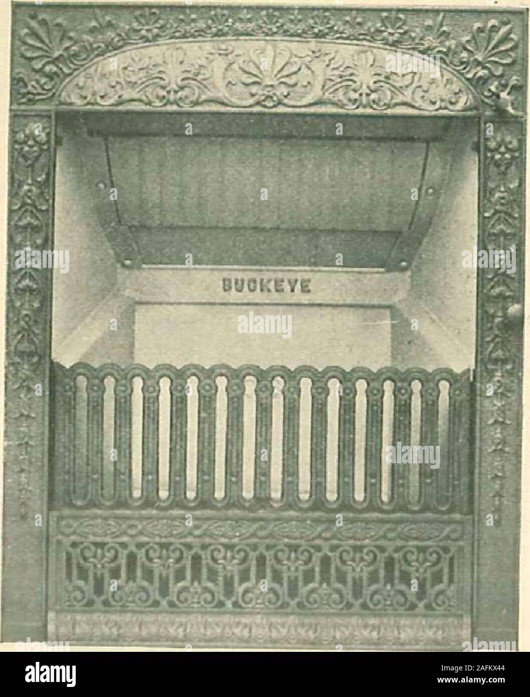 Grates and fireplace fixtures in iron and brass. Side view of the Buckeye  Grate, showing curved topand damper attachments. Open view of the Buckeye  Grate, showing curved topwhich reflects the heat