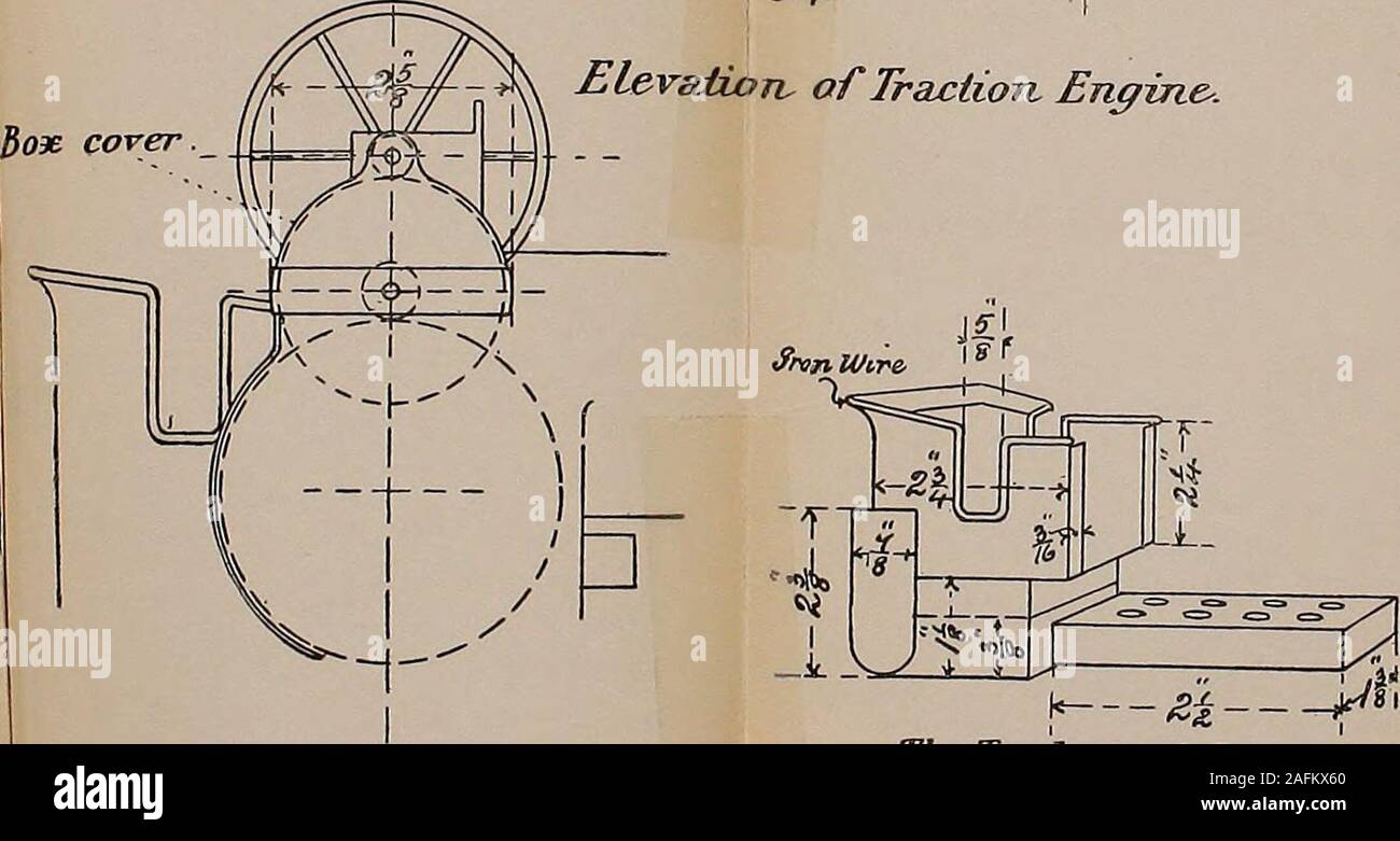. Model engine construction, with practical instructions to artificers and amateurs. Box cover ? — 6k-Elevaiion, of Traction Engine-.. Transverse Sectidn, behind fire box $srt of Engine- showing gearing 8chove cover over both, wheels. i 1 » A* V Z£ f81 The Tender with lamppartly pushed in,under Stock Photo