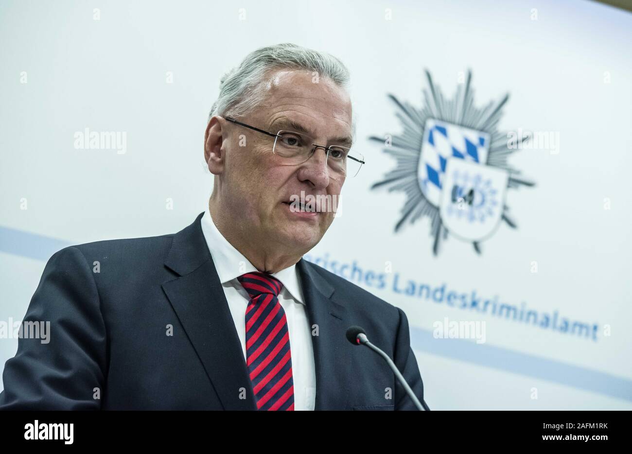 Munich, Bavaria, Germany. 16th Dec, 2019. JOACHIM HERRMAN, Bavarian Interior Minister. Bavarian Interior Minister Joachim Herrmann, Justice Minister George Eisenreich, Bavarian Landeskriminalamt (Crime Office) preisdent Robert Heimberger, and Bavarian Attorney General Reinhard RÃ¶ttle (Reinhard Roettle) presented the results of the war on organized crime in Bavaria, In 2018 alone, the damages to the state totaled some 169 million Euros, a staggering increase from 2017's figure of 12 million. Processes against organized crime have cost the state some 76 million Euros. In addition to org Stock Photo