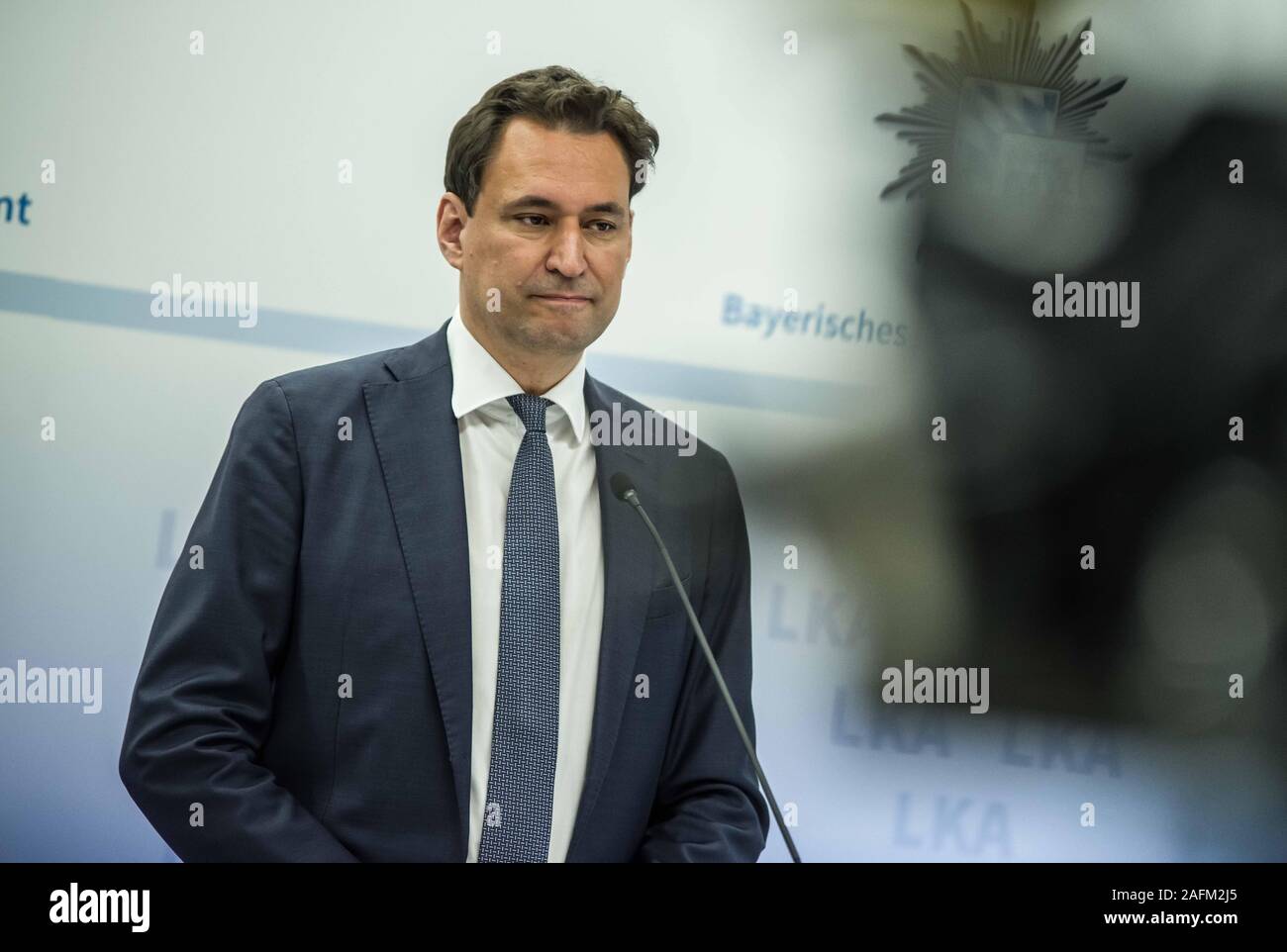 Munich, Bavaria, Germany. 16th Dec, 2019. GEORG EISEINREICH, Justice Minister of Bavaria. Bavarian Interior Minister Joachim Herrmann, Justice Minister George Eisenreich, Bavarian Landeskriminalamt (Crime Office) preisdent Robert Heimberger, and Bavarian Attorney General Reinhard RÃ¶ttle (Reinhard Roettle) presented the results of the war on organized crime in Bavaria, In 2018 alone, the damages to the state totaled some 169 million Euros, a staggering increase from 2017's figure of 12 million. Processes against organized crime have cost the state some 76 million Euros. In addition to Stock Photo