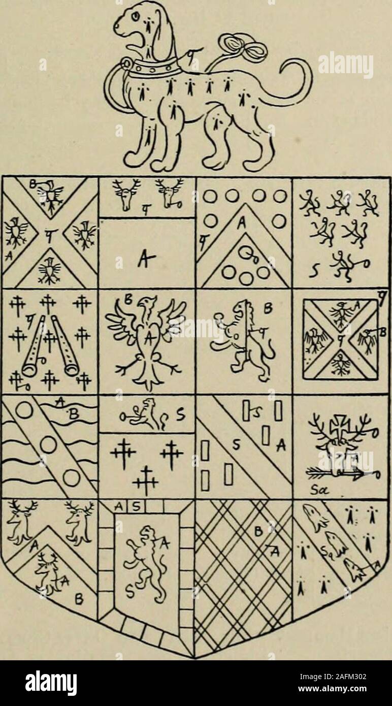 . The visitation of the county of Buckingham made in 1634 by John Philipot, esq. .... married another Gentlewoman, bywhom hee had a daughter and hee mar. her to Sir John Wadham Knight of whomdescendeth ye Wadhams to this day. 1, A., saltire G. inter 4 eagles displayed B., Hampden; 2, A., on ch[ief] G.2 stags heads cab. 0., Popham] ; 3, G., a chevron inter 10 bezants 0.; 4, S.,6 lions rampant 0.; 5, cruisily 2 pipes [or] ,• 6, B., an eagle displayed A.; 7, B., alion rampant per pale 0. and G.; 8, A., a saltire G. inter 4 eagles displayed B.,Hampden; 9, Barry, wavy of 6 A. B., on a bend S. 3 rou Stock Photo