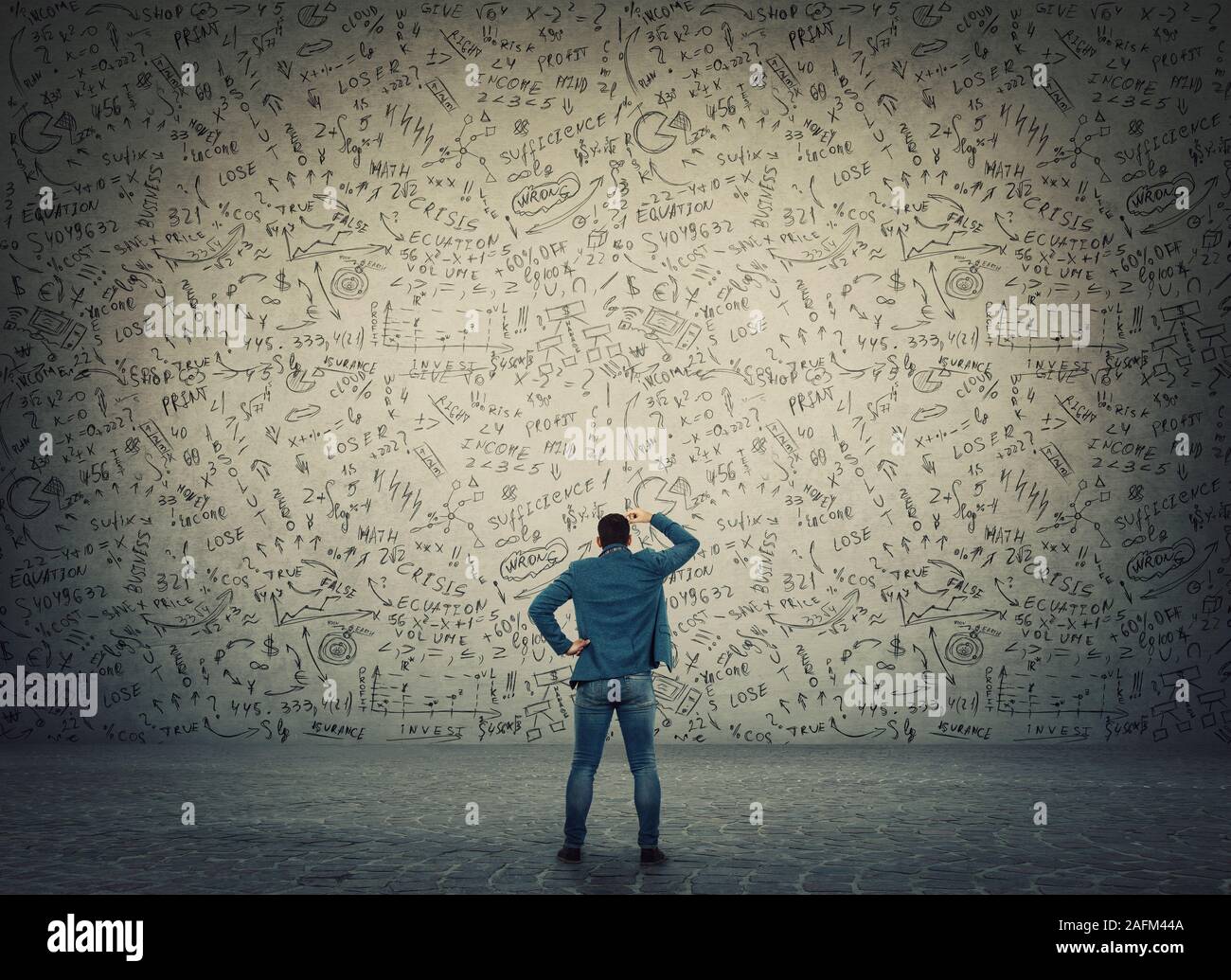 Rear View Of Puzzled Businessman Hand To Head Thoughtful Gesture Trying To Solve Hard Mathematics Calculations Formulas And Equations Project Idea Stock Photo Alamy