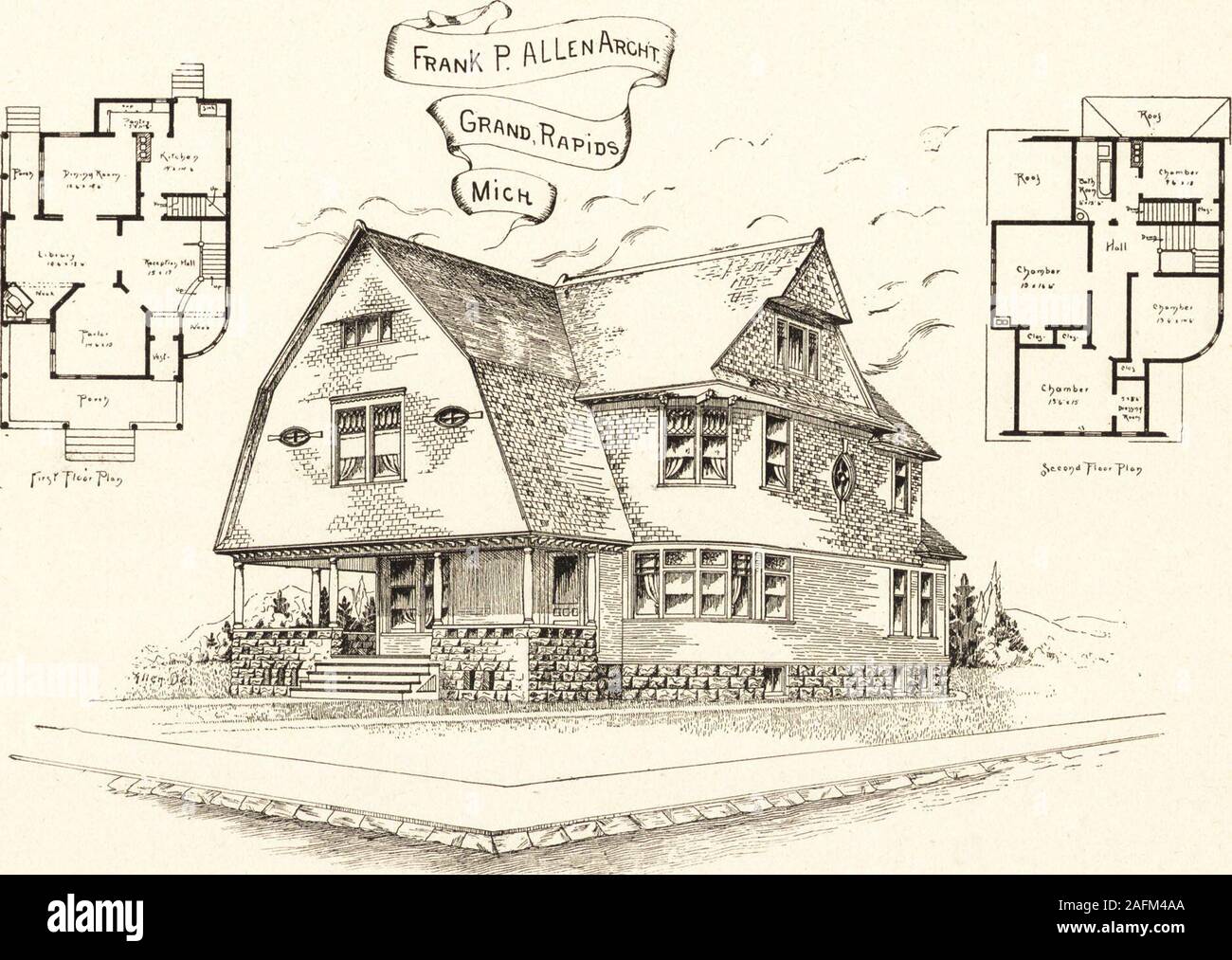 . Artistic dwellings : giving views, floor plans and estimates of cost of many house and cottage designs, costing from $600 up, designed and selected with especial reference to economy in building and convenience of arrangement. ^* DESIGN i(&gt; 30.51 Design No. 35. FRAME TWO-STORY Dwelling. Width, 37 feet: length, 53 feet 3 inches. Height of stories—first, 10 feet: second, y feet6 inches. Stone foundation to Cellar bottom: Cellar under whole house; first story sided, second story shingled, roofshingled. An elaborate dwelling, -Colonial style; the interior hnish is quite rich of antique desig Stock Photo