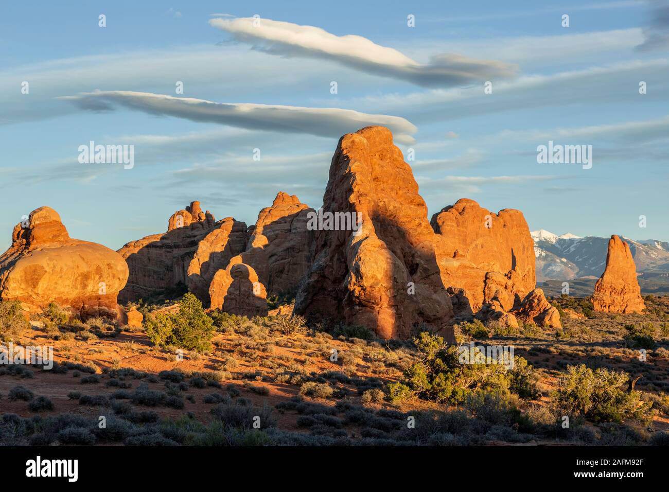 Sandstone rock formations behind The Windows Section, Arches National Park, Moab, Utah USA Stock Photo