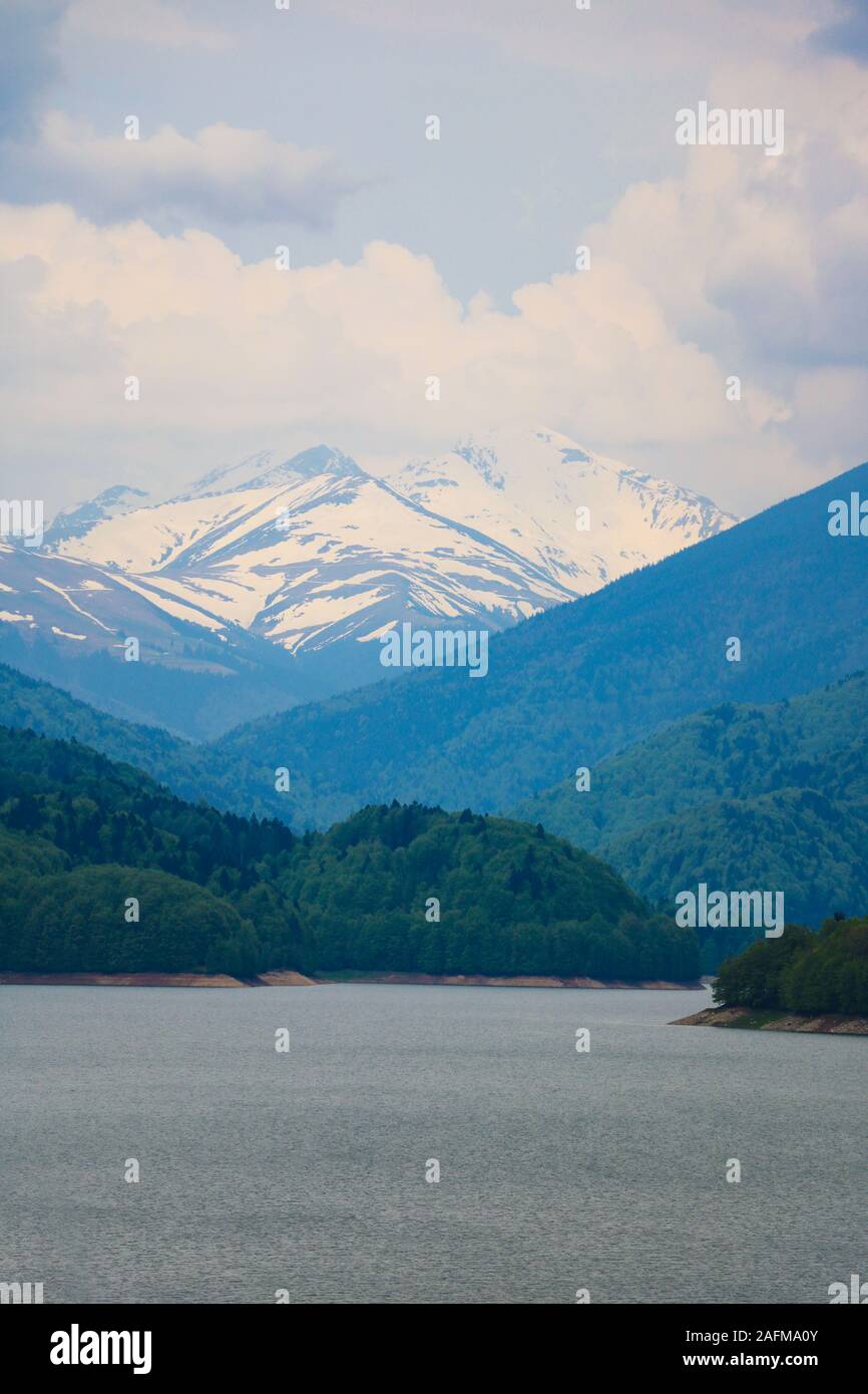Vidraru Lake landscape from Romania Transfagaras, dam in the montains nature travel and tourism in Fagaras Stock Photo