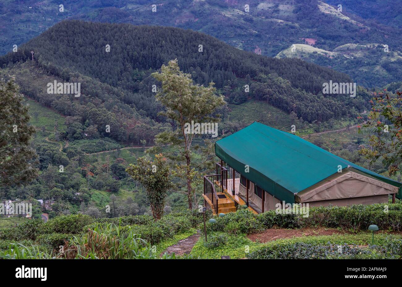 Luxury tent at a tea plantation in the central highlands of Sri Lanka Stock Photo