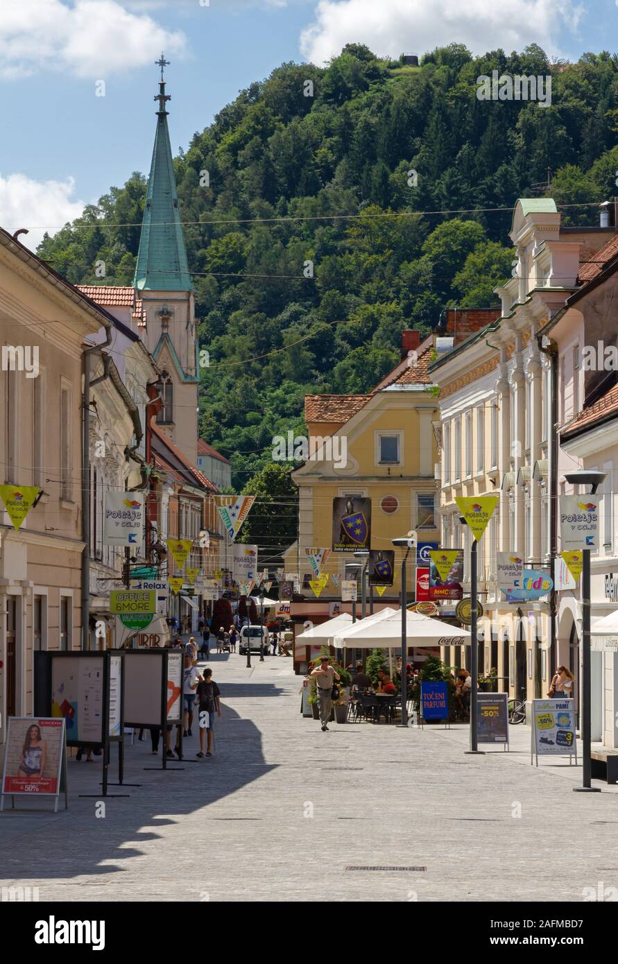 CELJE, Slovenia - August 1, 2019: Lively and elegant downtown pedestrian street Stock Photo