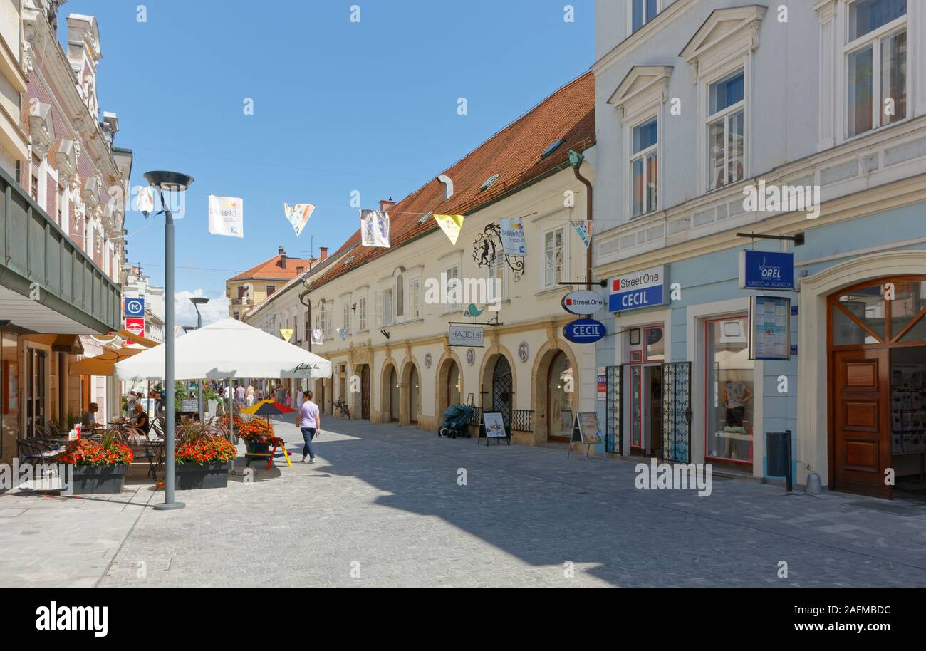 CELJE, Slovenia - August 1, 2019: Lively and elegant downtown pedestrian street Stock Photo