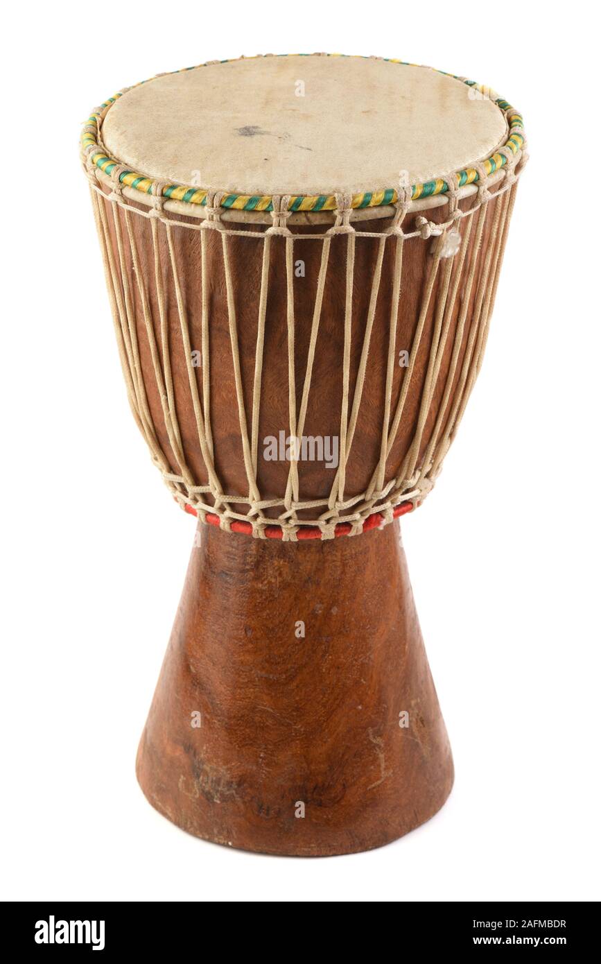 Ethnic musical instrument. African drum made of mahogany wood and goat