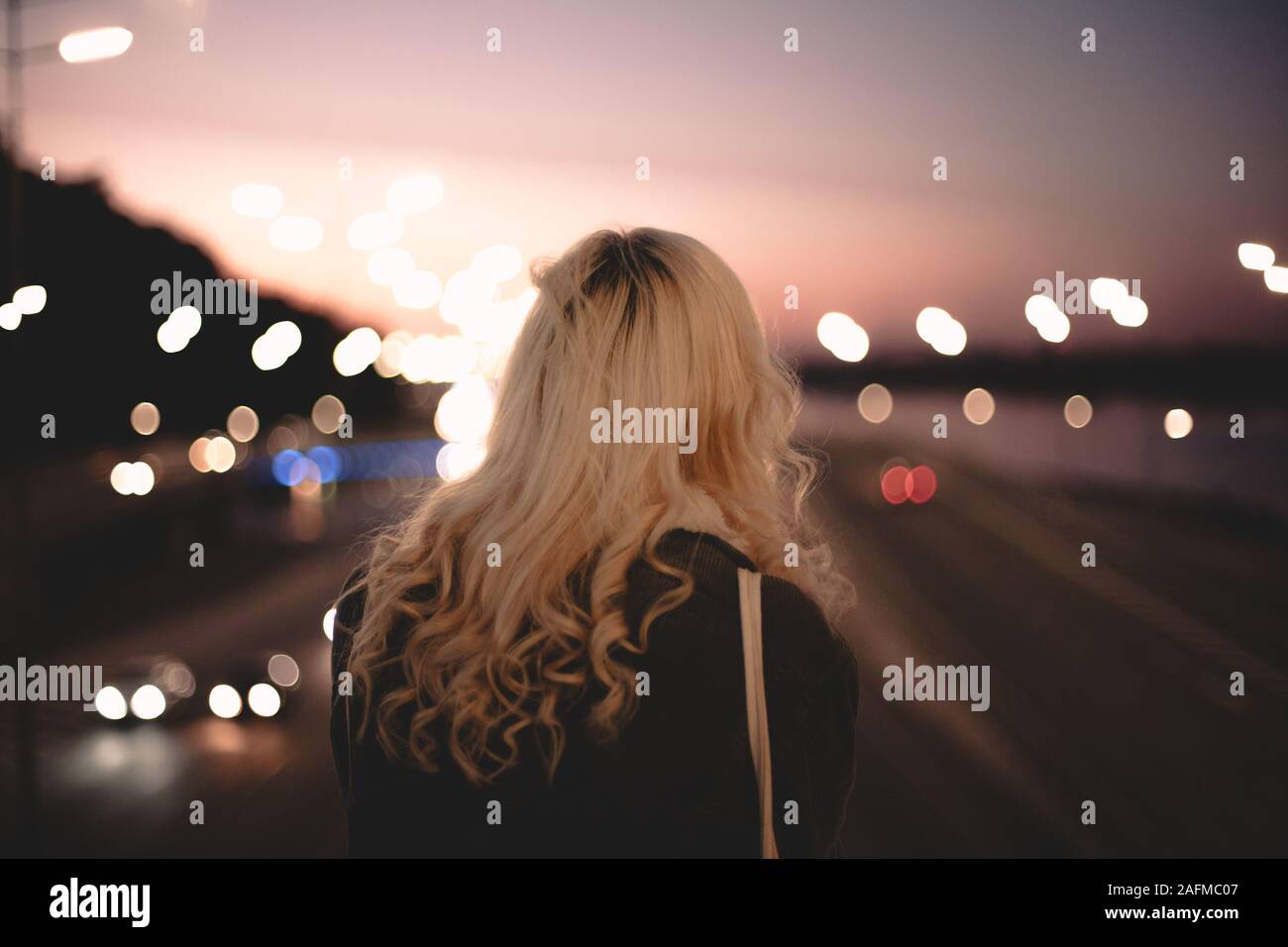 Rear view of young woman looking at road standing on bridge in city Stock Photo