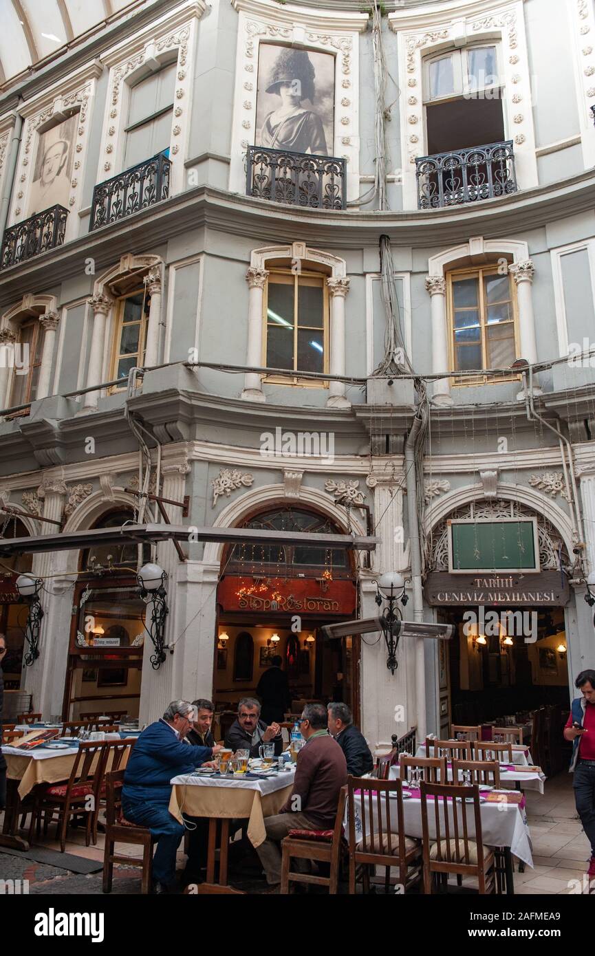 Restaurants inside the famous Cicek Pasaji along Istiklal Street, Istanbul, Turkey Stock Photo