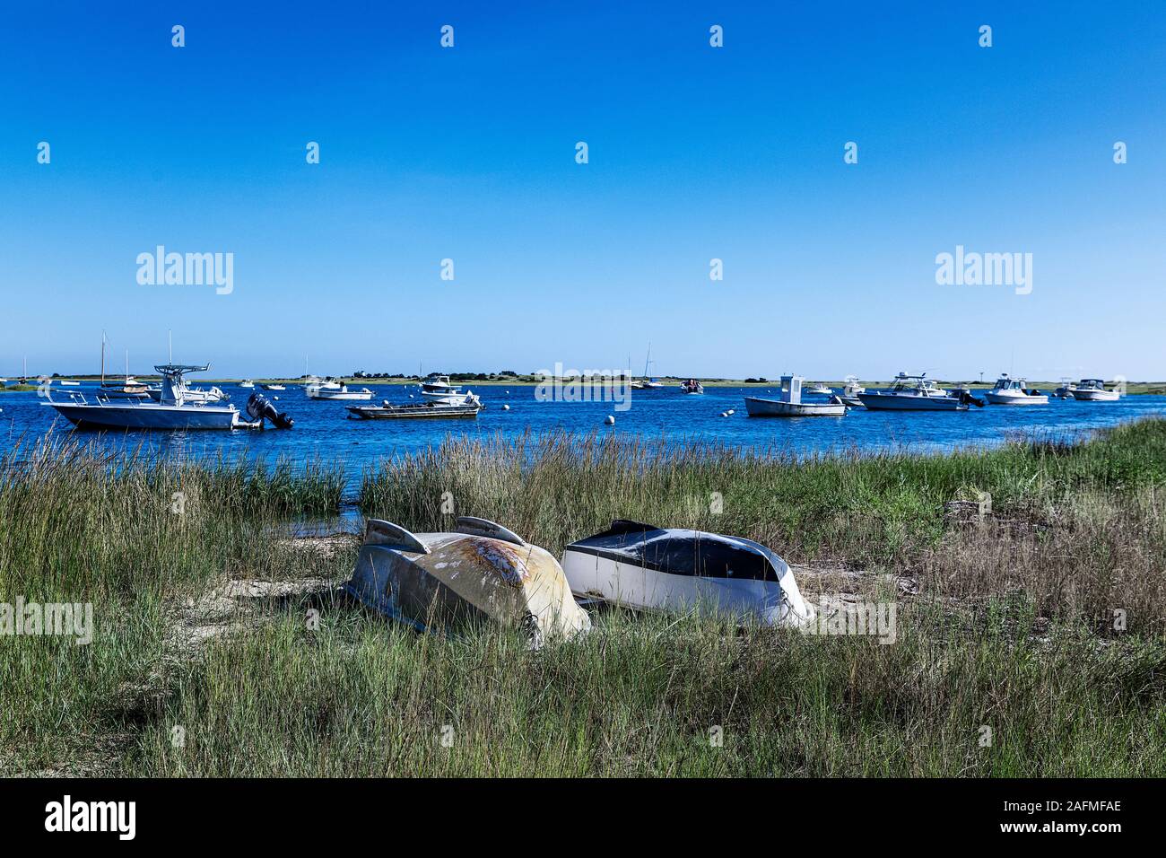 Charming boats along Oyster River, Chatham, Cape Cod, Massachusetts, USA. Stock Photo
