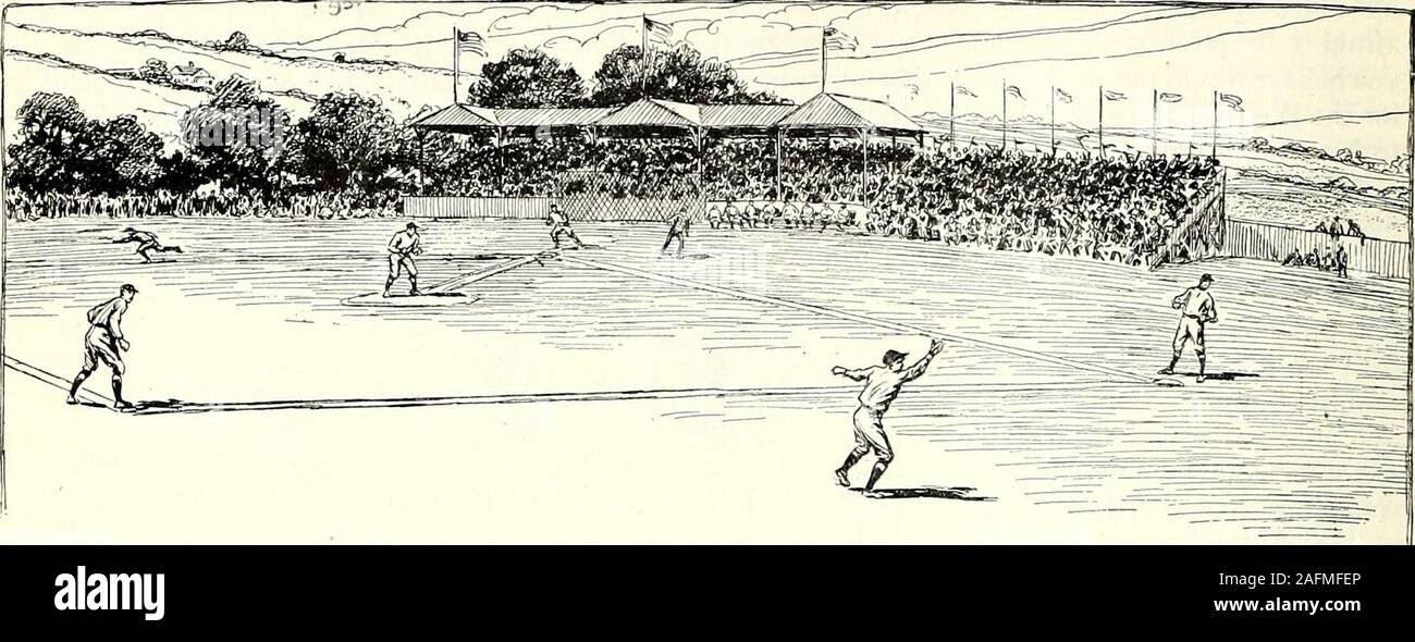 . St. Nicholas [serial]. 902 THE NO-HIT GAME Avg.. EVERY EYE FOLLOWED THE BALL TOWARD WHICH FLEW BILLY DWYER AT FULL SPEED fielding on both sides, marked by spectacularcatches in the out-field, and remarkable pitchingby Captain Don Hildreth, of the gold-and-green,and the famous Rube Stearns, of Marston.In the first inning or two, uncertain as to howBilly Dwyer would play, despite his promise ofloyalty to his school, the Bannister in-field hadwobbled a bit, but after the brilliant pitcher, play-ing left-field, had saved his rival twice by catchesthat brought the spectators to their feet yelling Stock Photo