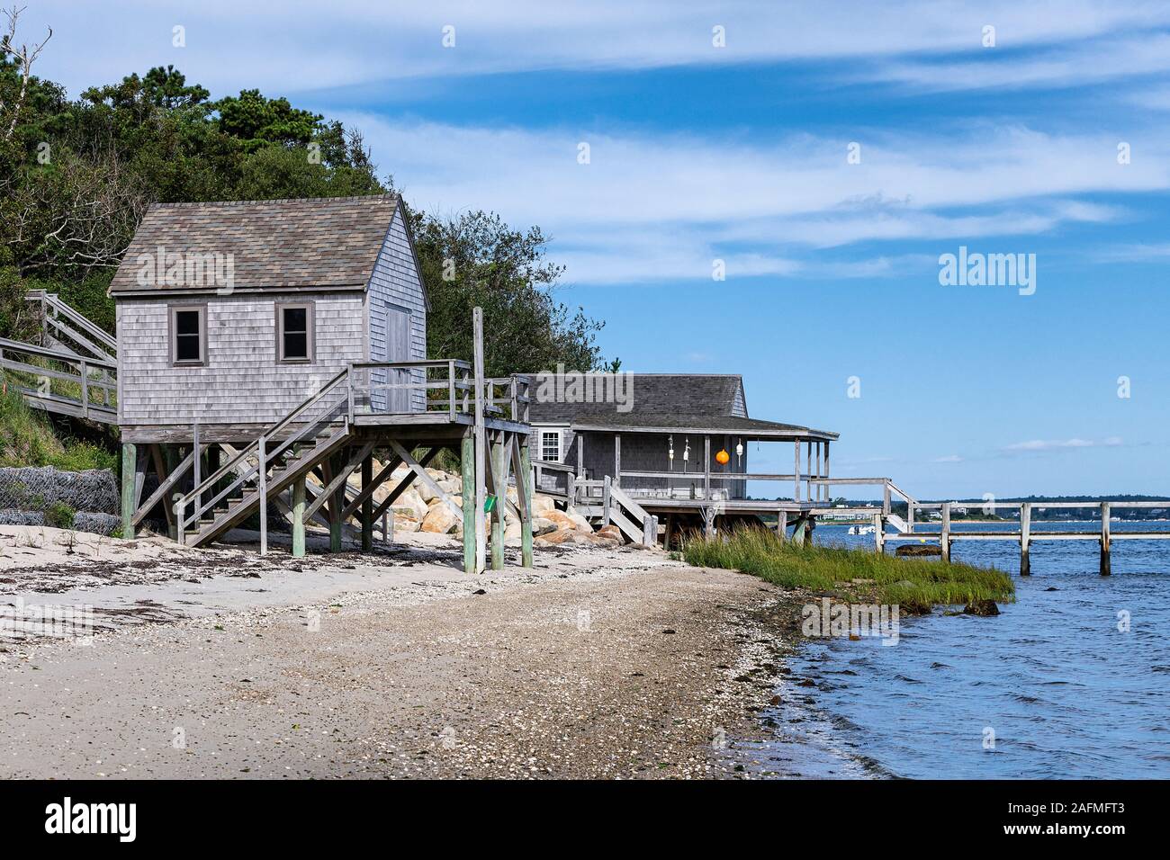 Rustic boathouse on the beach, Chatham, Cape Cod, Massachusetts, USA. Stock Photo