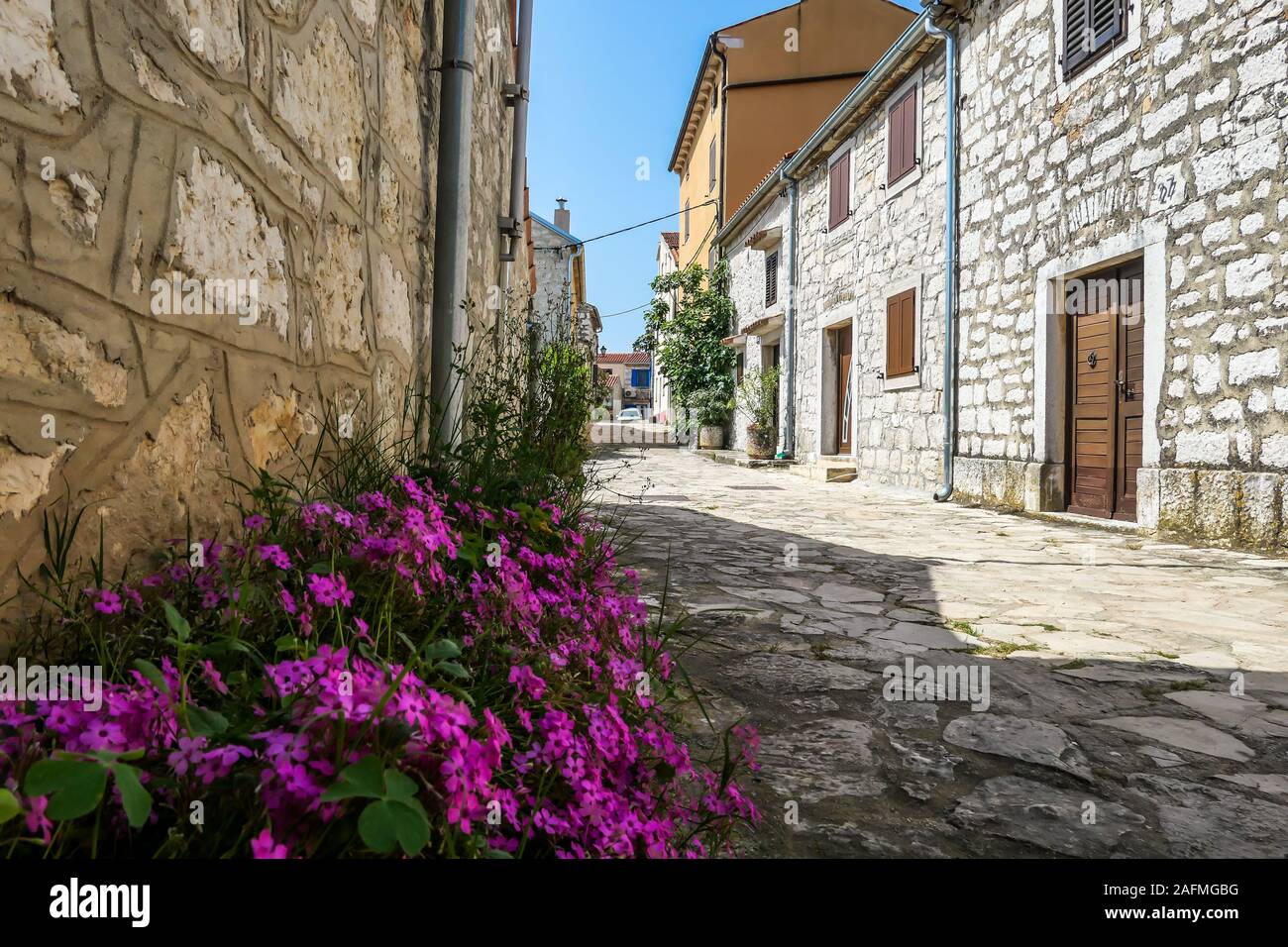A little cobbles street in a Mediterranean country. The houses on both sides are made of stone. Beautiful window shutters. There are violet flowers gr Stock Photo