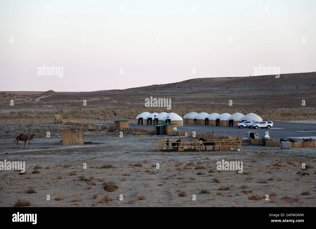 Campsite at Darvaza Gas Crater in the Karakum Desert of Turkmenistan Stock Photo