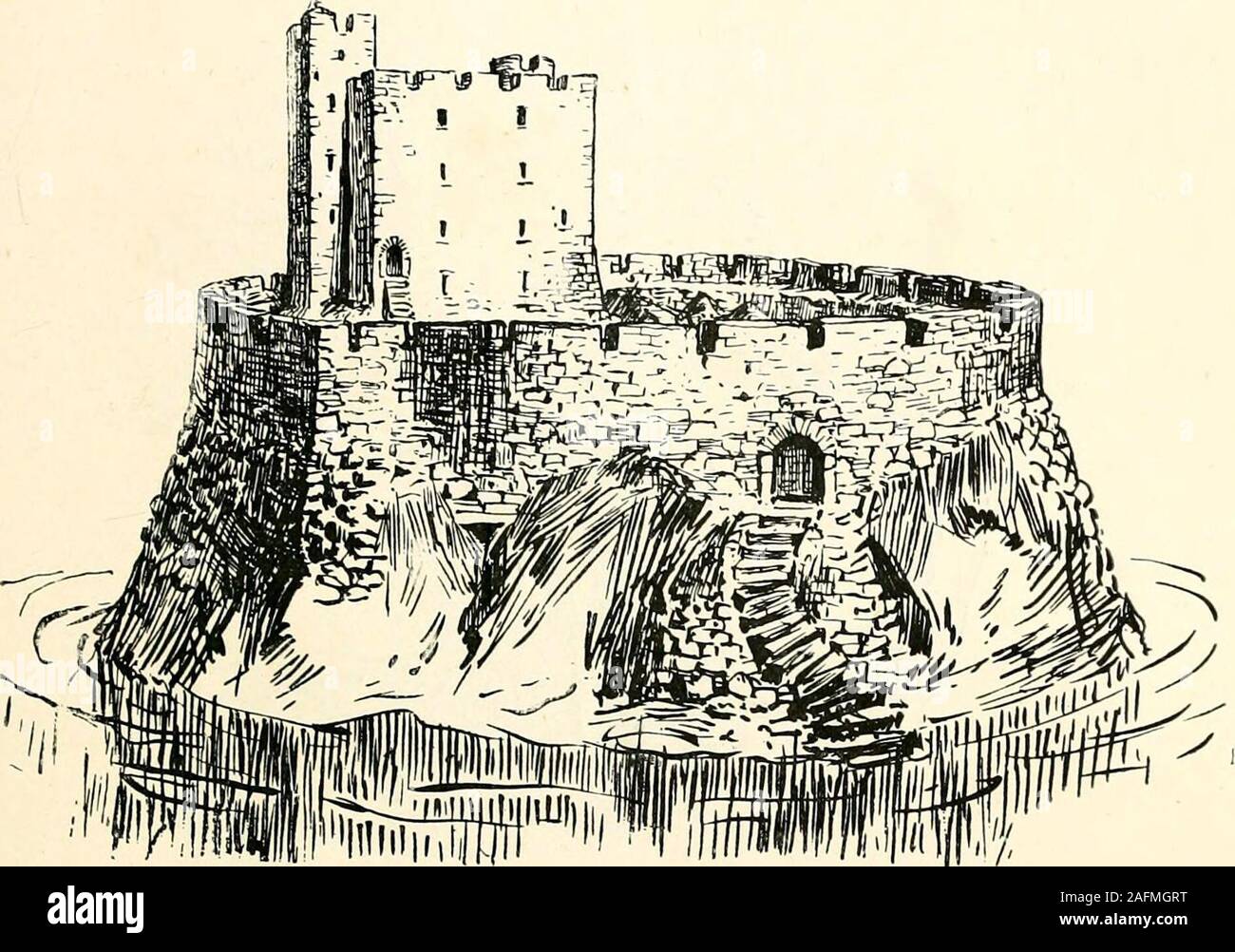 . Journal of the Royal Society of Antiquaries of Ireland. 111 i ^ ? - /   PROCEEDINGS. 203 The original structure of the castle was (as the early pictures show)a square fortalice, which, with the wall along the escarpment of the cliffcircumvallating the plateau on the top of the rock, constituted a High-land fortress of considerable strength. The castle itself has been frequently added to, and has been verymuch modernised interiorly as well as exteriorly in the late decades ofthe last century as well as in an early period of the present century.This frequent patching and piecing, and the con Stock Photo