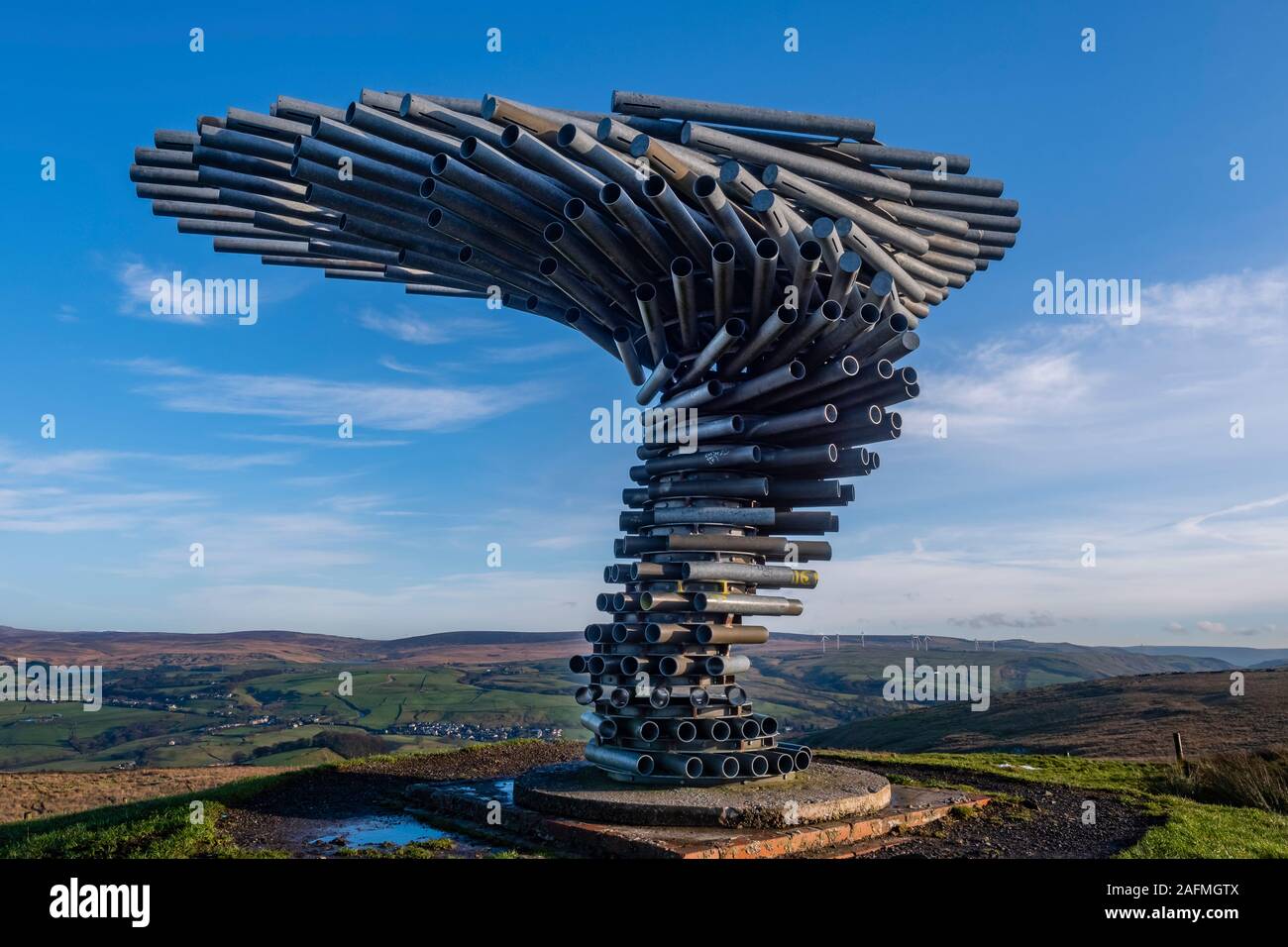 The Singing Ringing Tree is a wind powered sound sculpture resembling a  tree set in the landscape of the Pennine hill range overlooking Burnley, in  La Stock Photo - Alamy