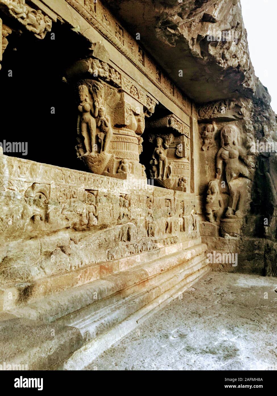 Ajanta Caves are 30 rock-cut Buddhist cave monuments from the 2nd century BCE to about 480 CE in the Aurangabad district of Maharashtra state of India. Stock Photo