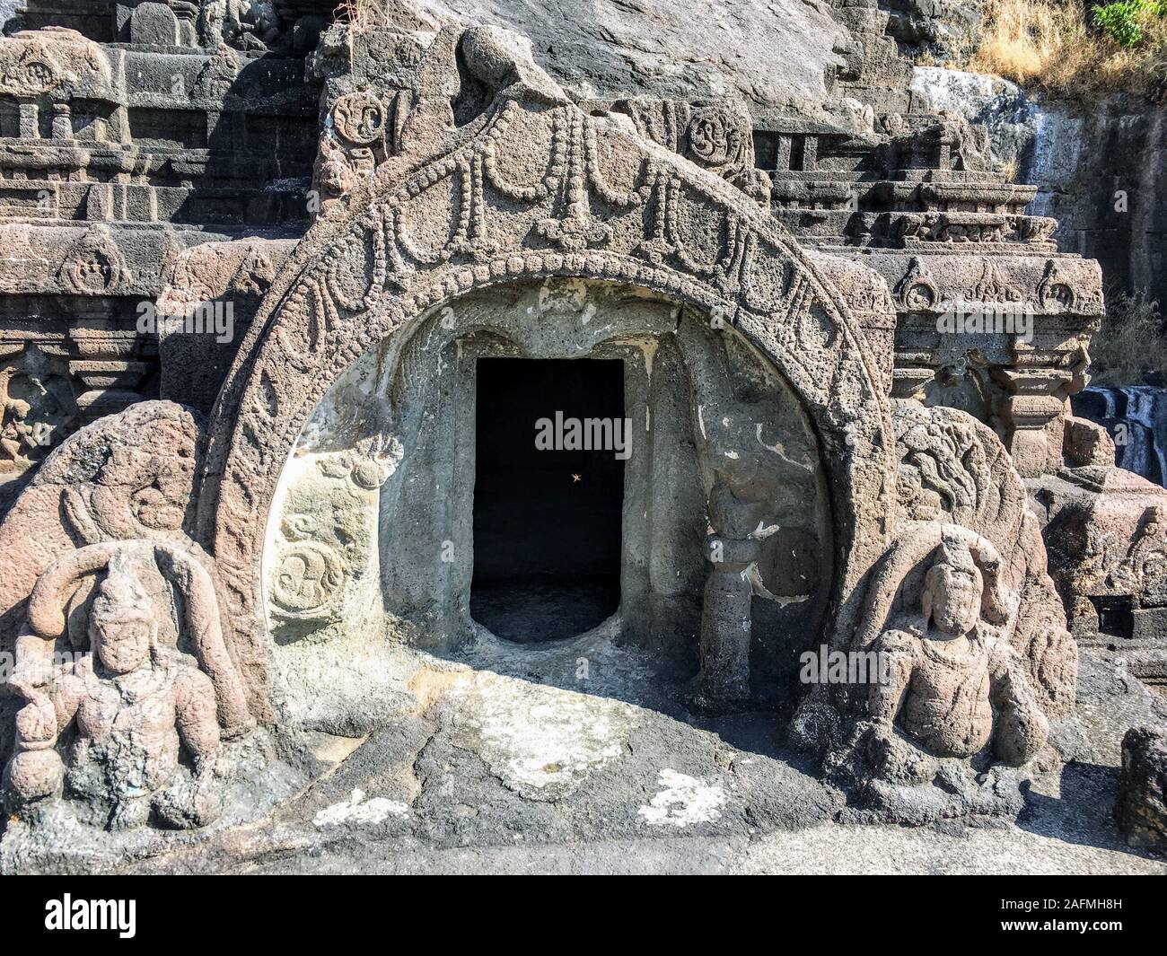 Ajanta Caves are 30 rock-cut Buddhist cave monuments from the 2nd century BCE to about 480 CE in the Aurangabad district of Maharashtra state of India. Stock Photo